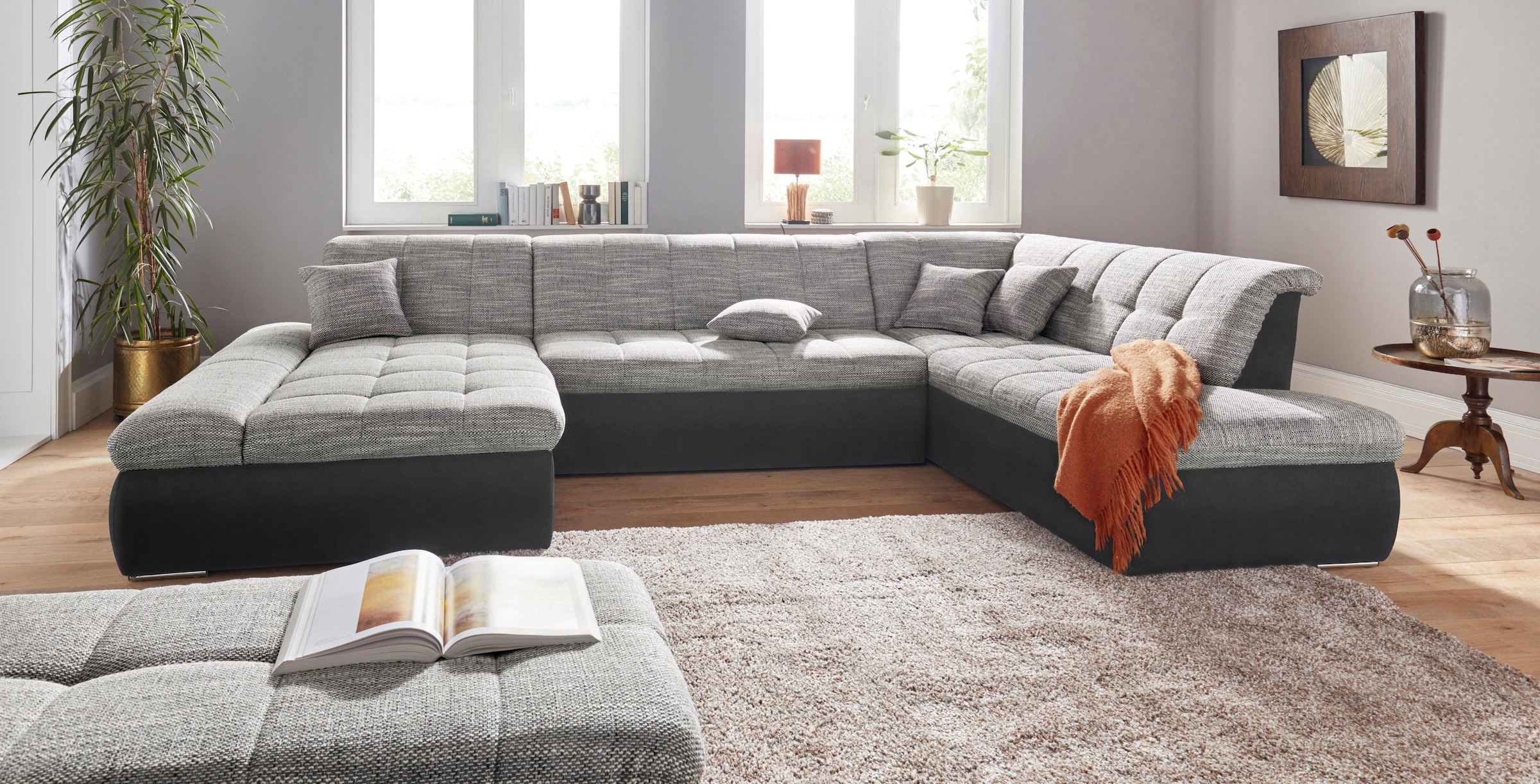 DOMO collection Wohnlandschaft »PB Moric wahlweise mit Bettfunktion und Armteilverstellung  U-Form«, XXL-Format B/T/H: 353/216/80 cm, feine Steppung, incl. Zierkissen