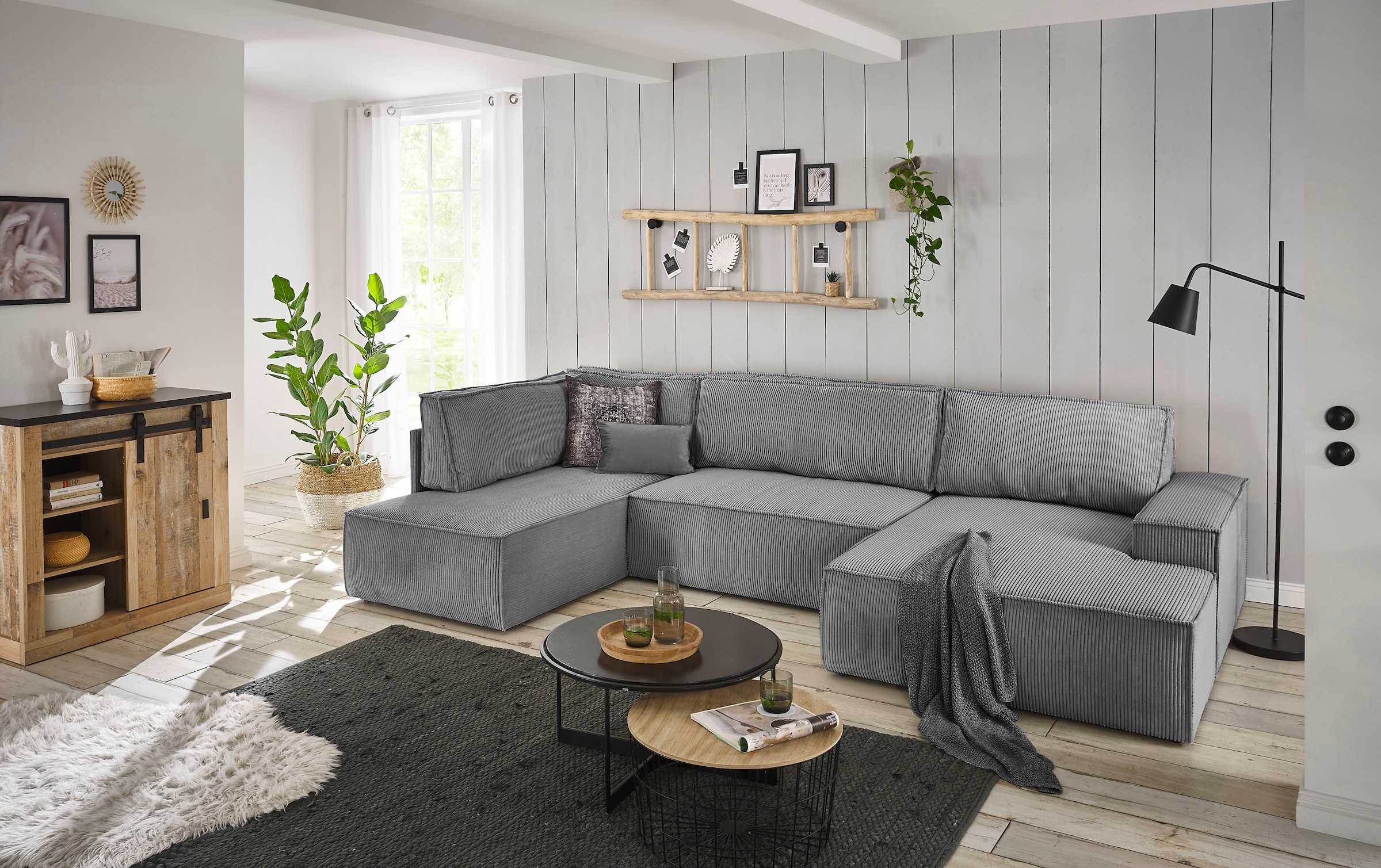 Home affaire Wohnlandschaft »SHERWOOD 329 cm, U-Form, Schlafsofa,«, Schlaffunktion m. Bettkasten (194x139 cm), Cord, Vintage, Samtvelours