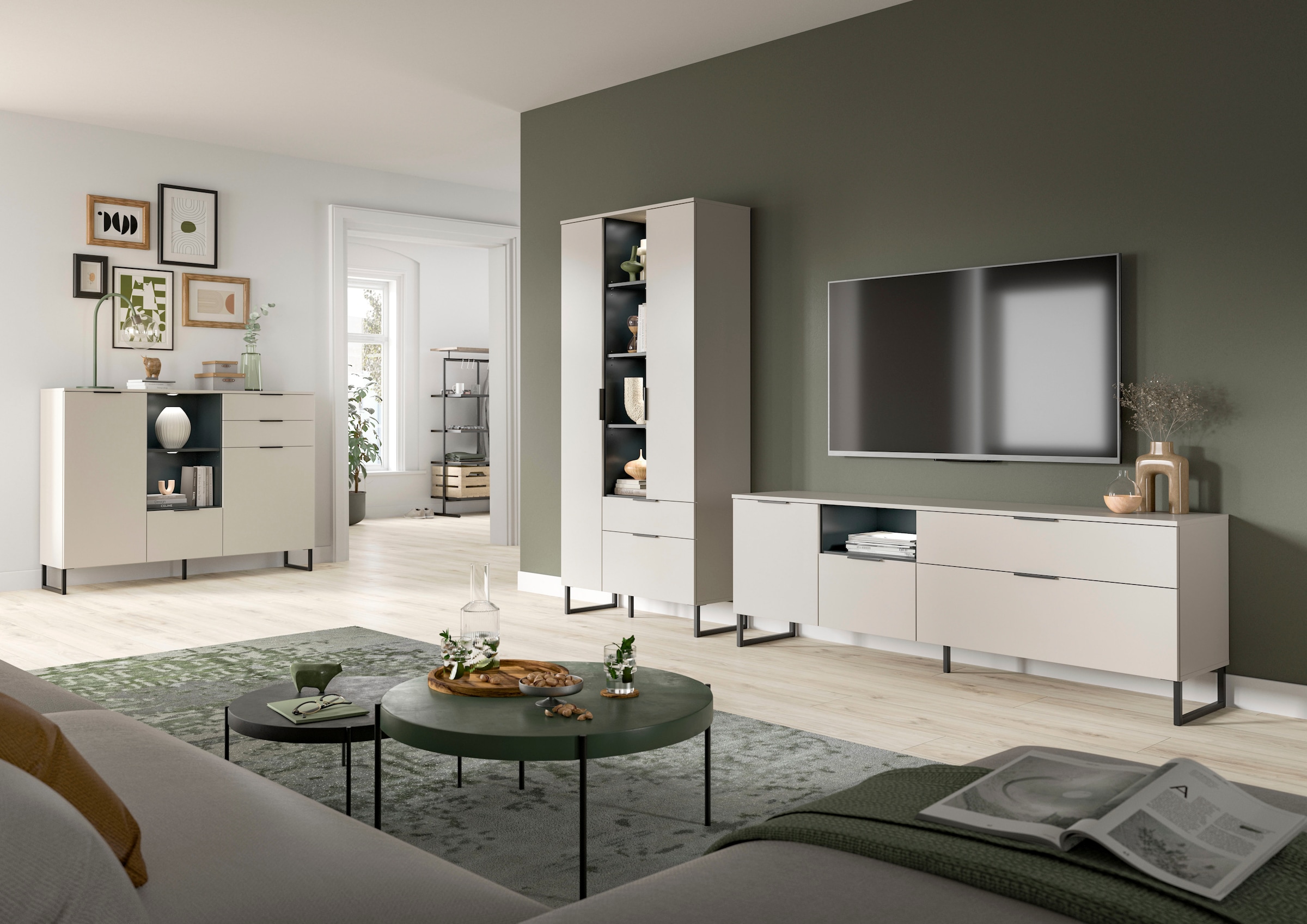 INOSIGN Wohnwand »ADIO, Breite 290 cm, 2-teiliges Set, mit Metall-Kufenfüße« Set, bestehend aus: Mehrzweckschrank und Lowboard, 2 Stk. tlg.