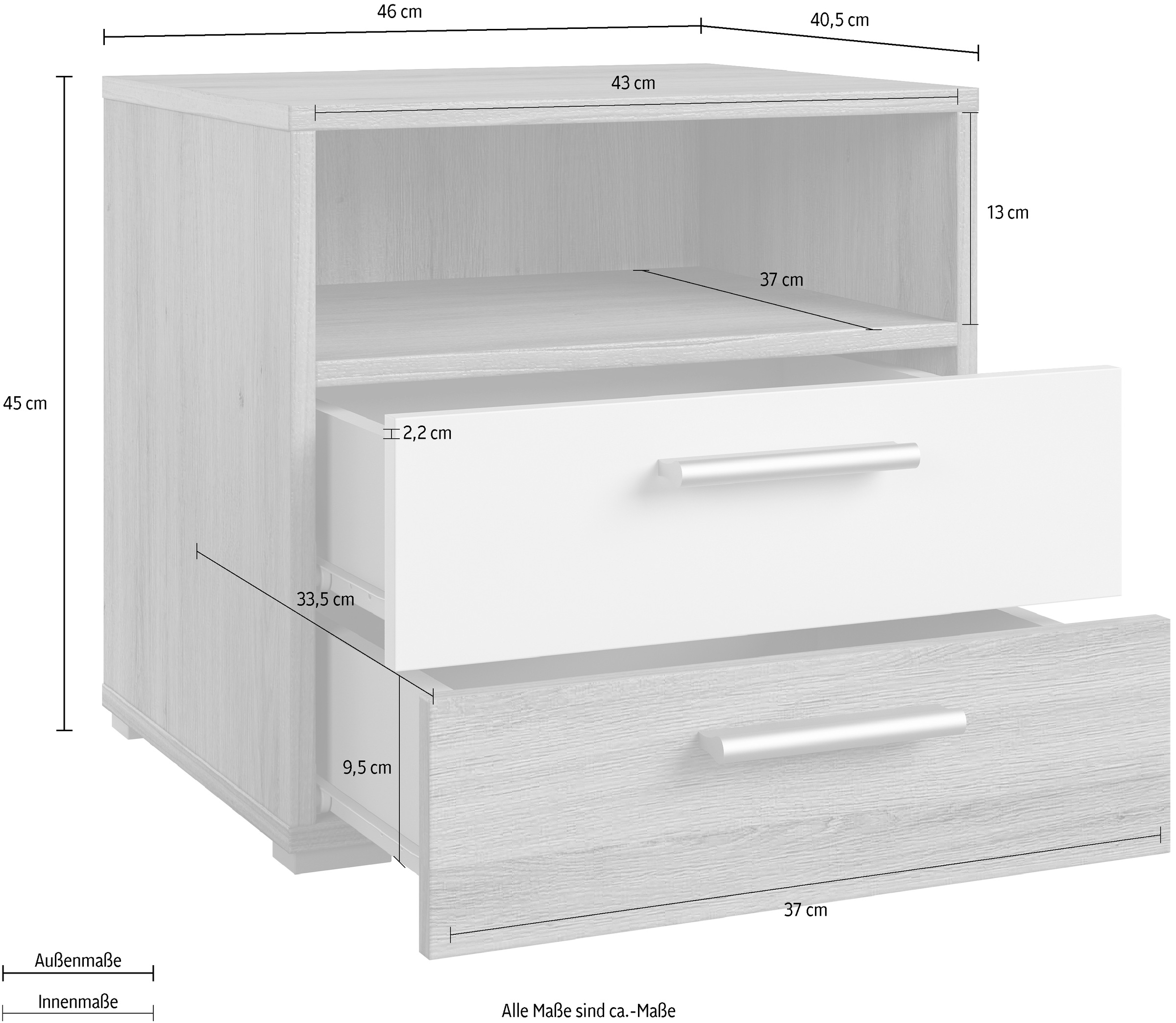 Home affaire Nachtkommode »Bitry, Breite 46 cm, moderner Nachtschrank mit 2 Schubladen«, Nachttisch, viel Stauraum, offene Fach