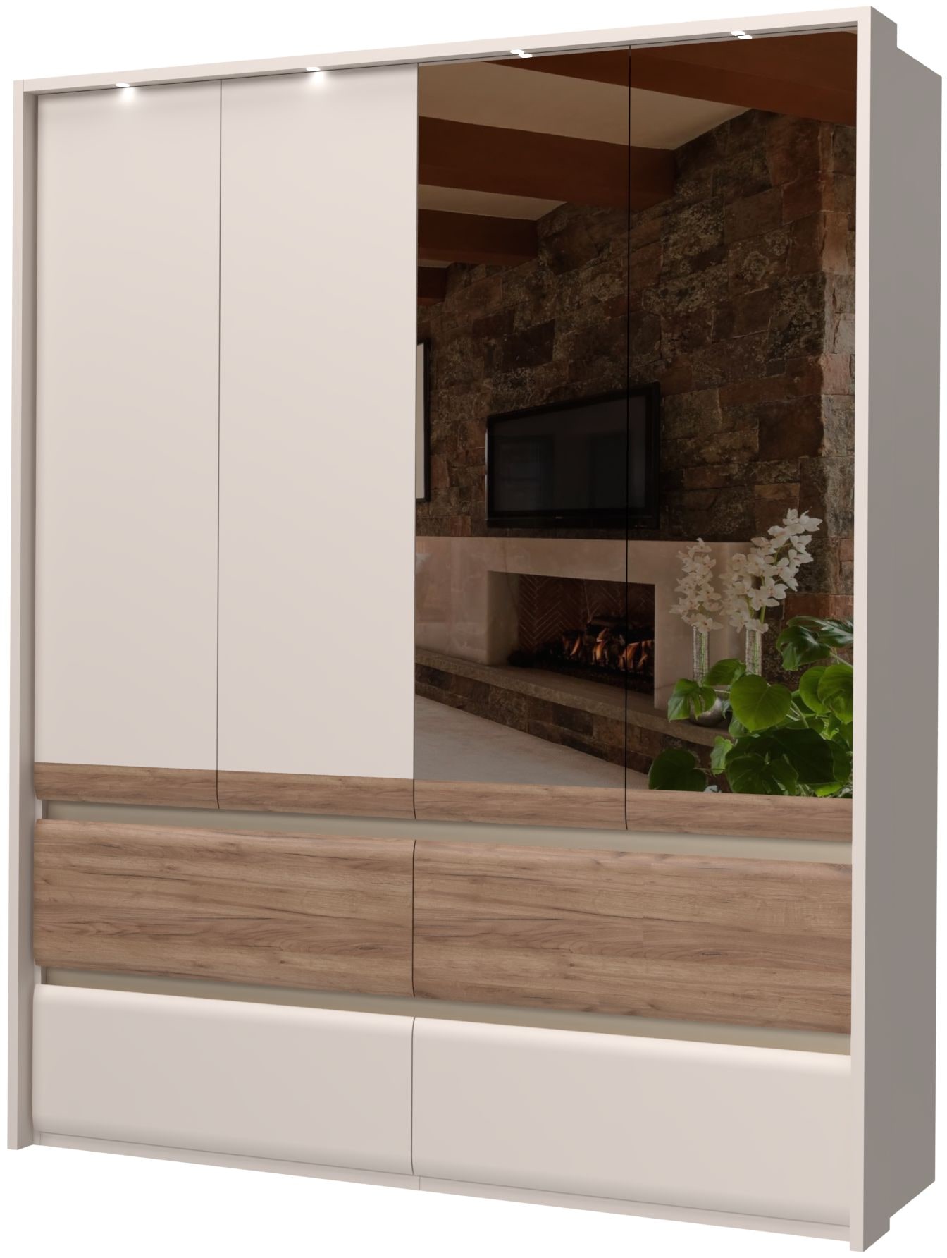 Places of Style Kleiderschrank »Invictus, UV lackiert, FSC-zertifiziert, grifflose Optik«, (abgerundete Schubladen aus MDF im Holzdekor, soft-close), mit Beleuchtung und Spiegel, in 4 Breiten, hoher Schrank (226cm)