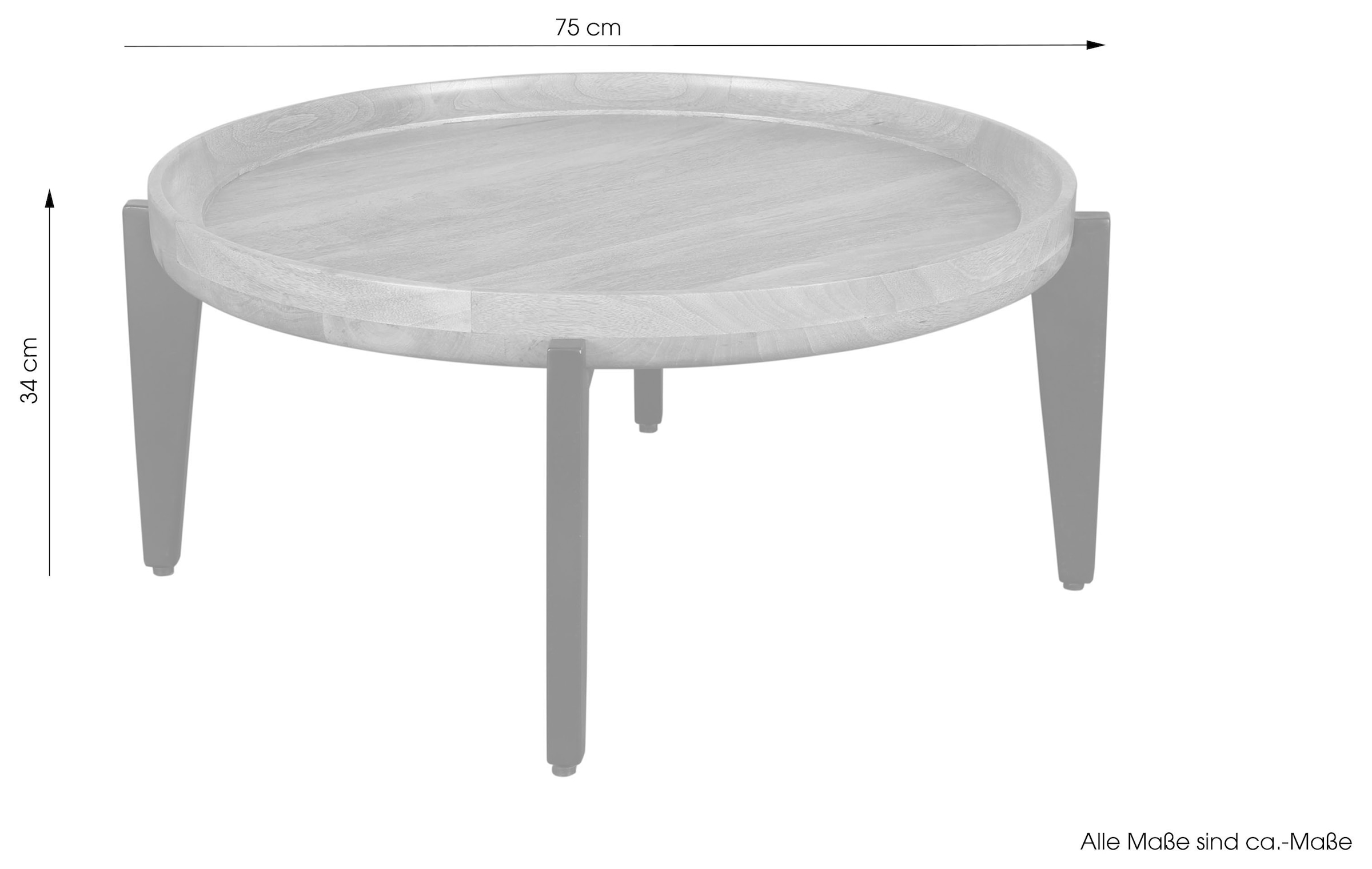 byLIVING Couchtisch »Mila«, mit massiver Mango Tischplatte und schwarzen Metallbeinen, rund 75cm
