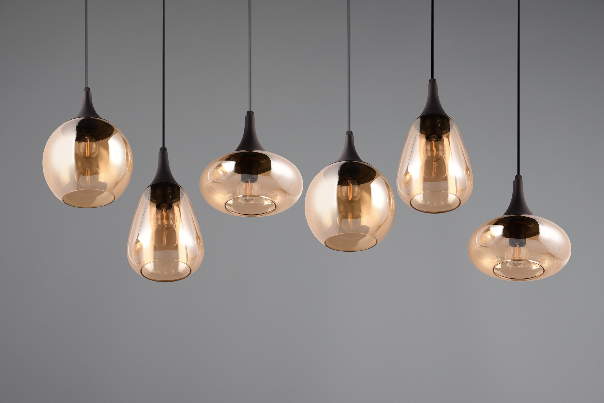 TRIO Leuchten Pendelleuchte »Lumina, E14 Hängelampe 6-flammig Glasschirme in 3 Formen amberfarbig«, 6 flammig, Leuchtmittel E14 | Leuchtmittel wechselbar, exkl 6x E14 max 40W, Hängeleuchte höhenverstellbar bis max 150 cm