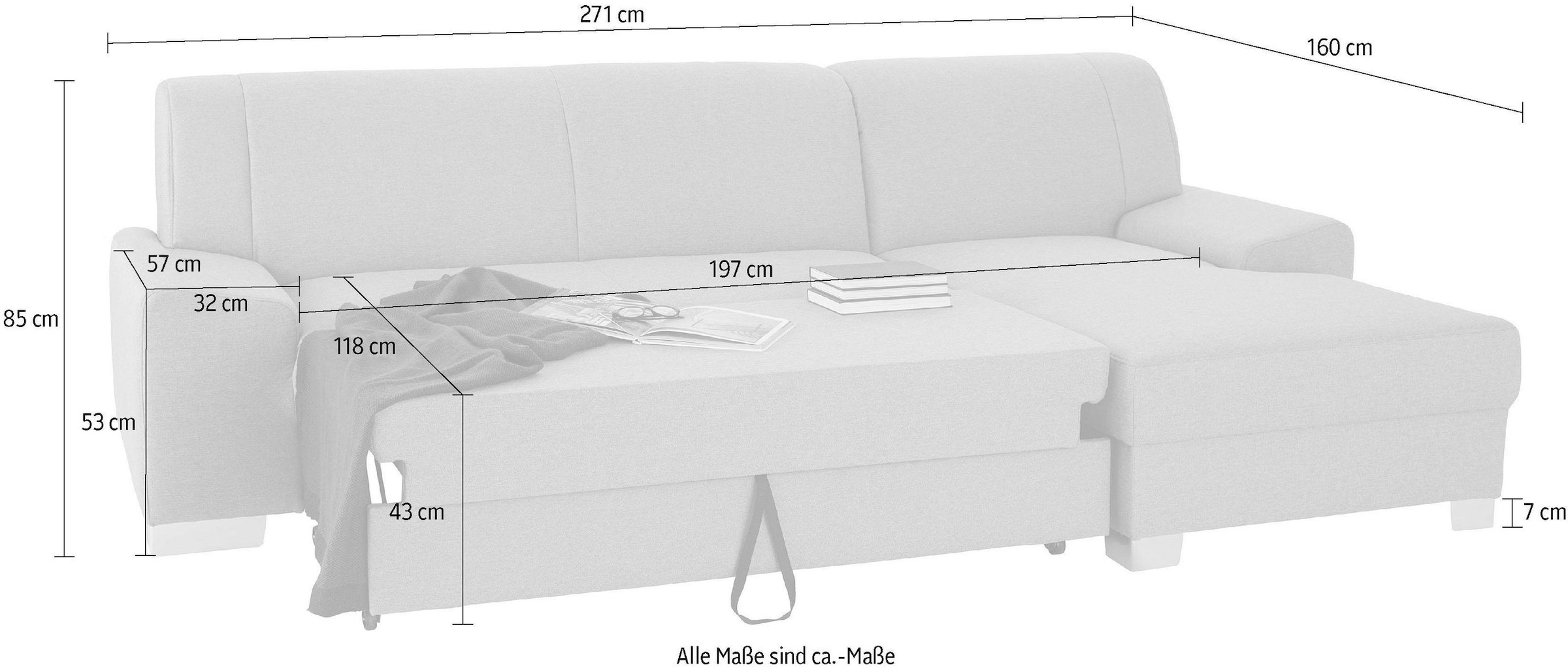 DOMO collection Ecksofa »Anzio L-Form, whlw. Bettfunktion, Federkern, hochwertig, Breite 271 cm«, Mit Bettfunktion, Recamiere rechts, Struktur fein, mint