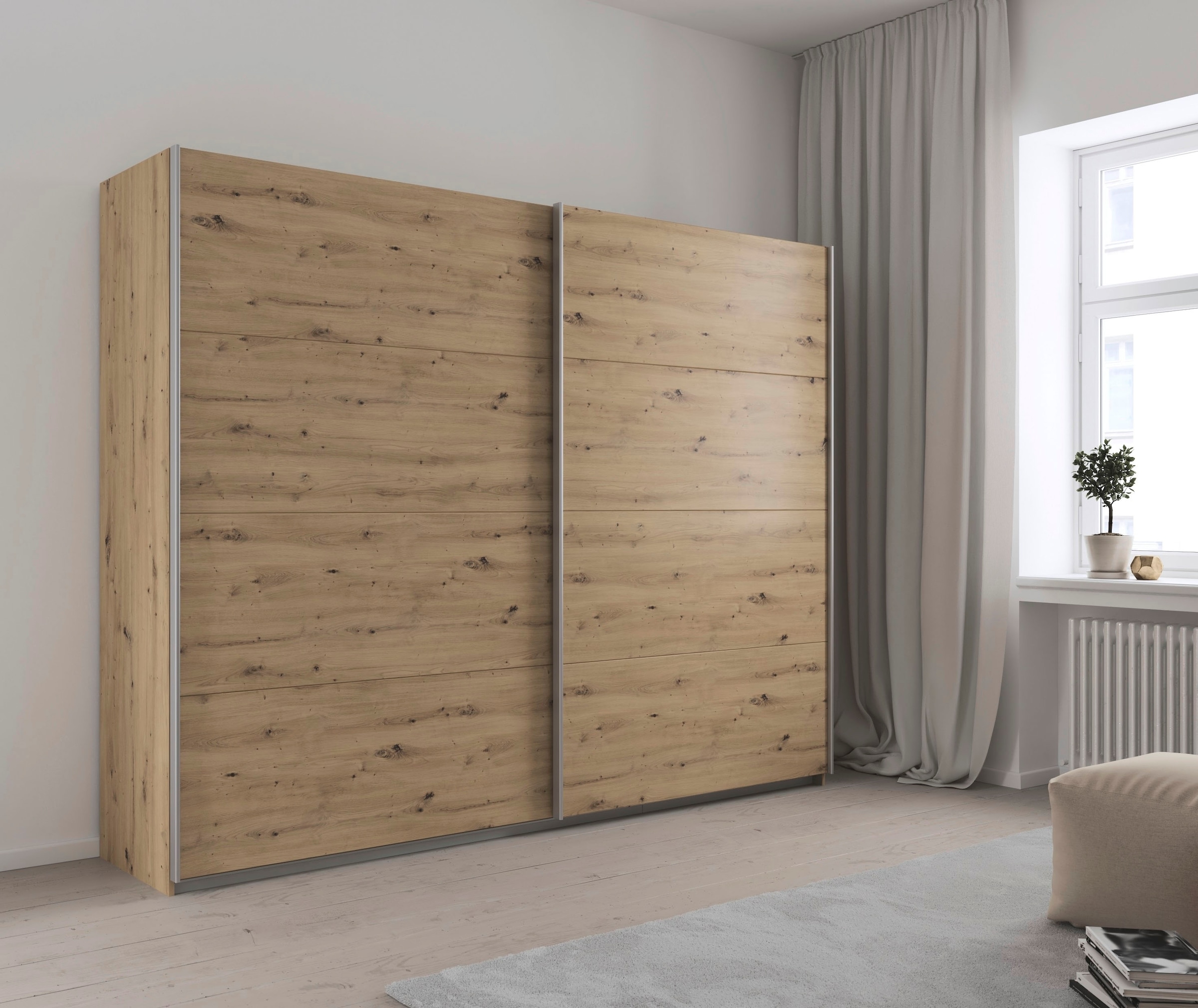 INOSIGN BY RAUCH Schwebetürenschrank »Kleiderschrank Schrank Garderobe Schlafzimmerschrank THANOS«, (in 3 verschiedenen Ausstattungen BASIC/CLASSIC/PREMIUM), Optional mit Spiegel, Metall-Griffleisten alufarben MADE IN GERMANY