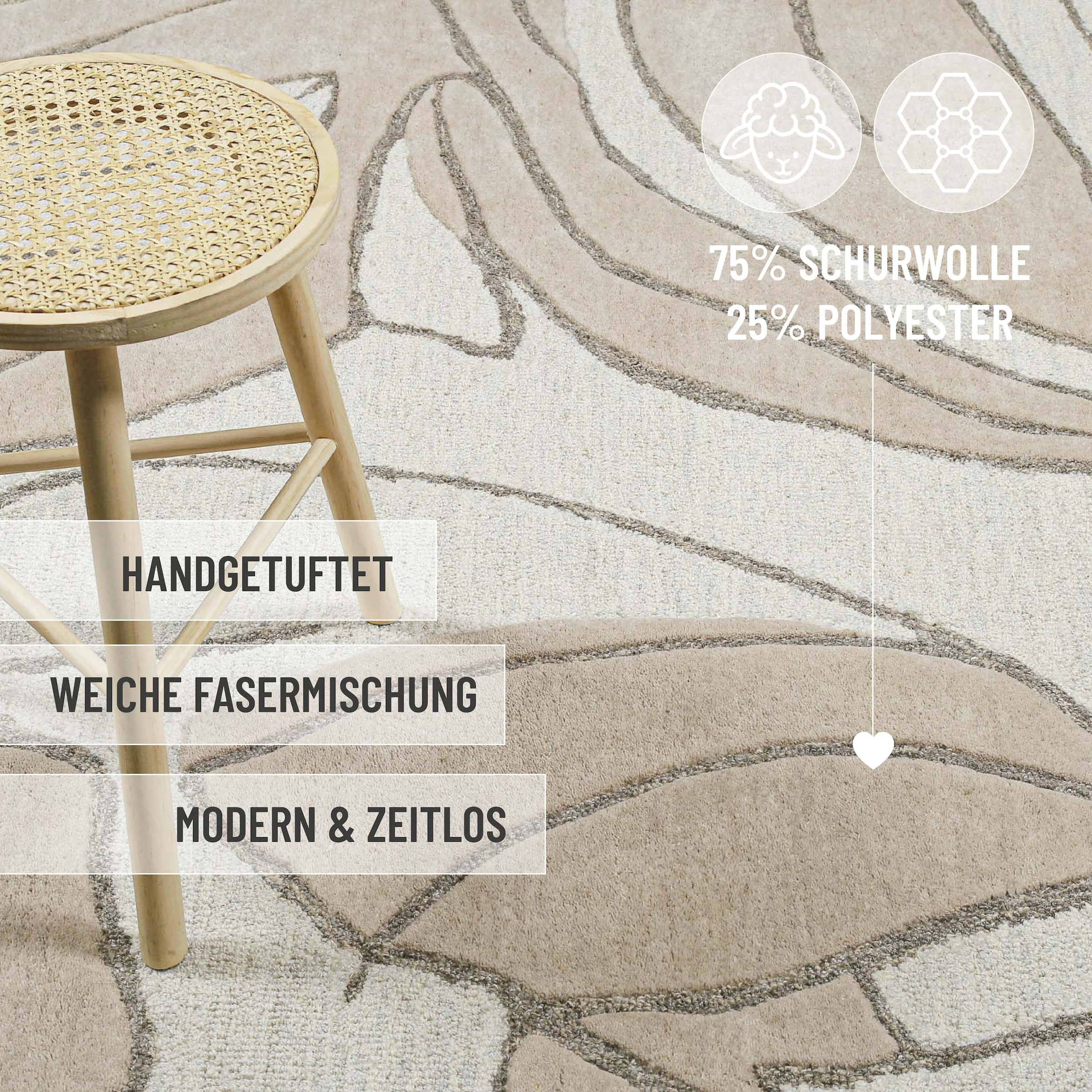 Wecon home Teppich »Tunia«, rechteckig, 10 mm Höhe, handgefertigt, floral, pflegeleicht, Wolle, Wohnzimmer, Schlafzimmer