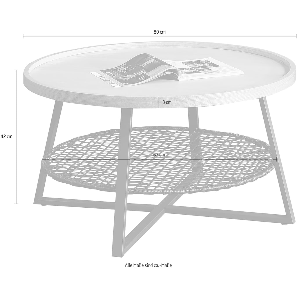 SalesFever Couchtisch, Ablagefläche unter der Tischplatte aus Metallrahmen und Polyrattan