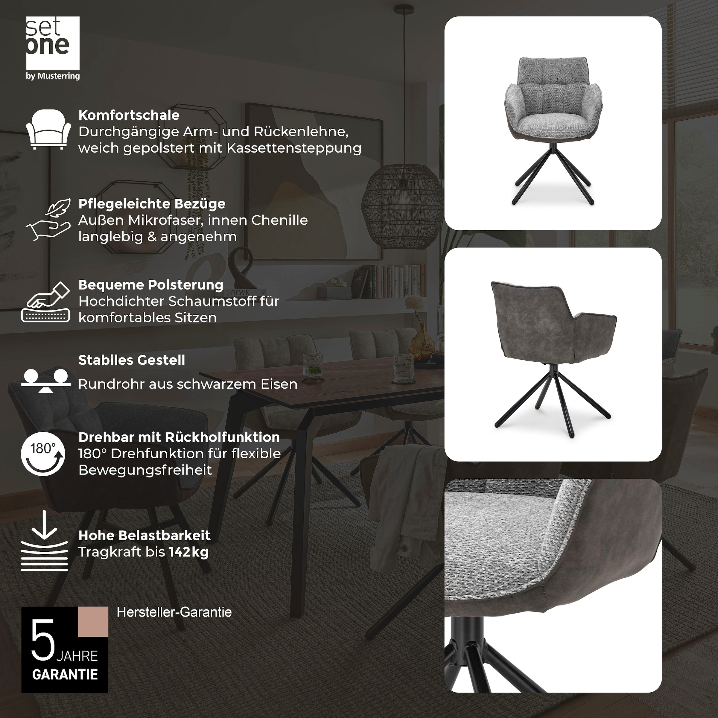 set one by Musterring Esszimmerstuhl »Frisco-B« (Set) 2 Stk.Bezug innen Chenille und außen Microfaser, Stativgestell schwarz