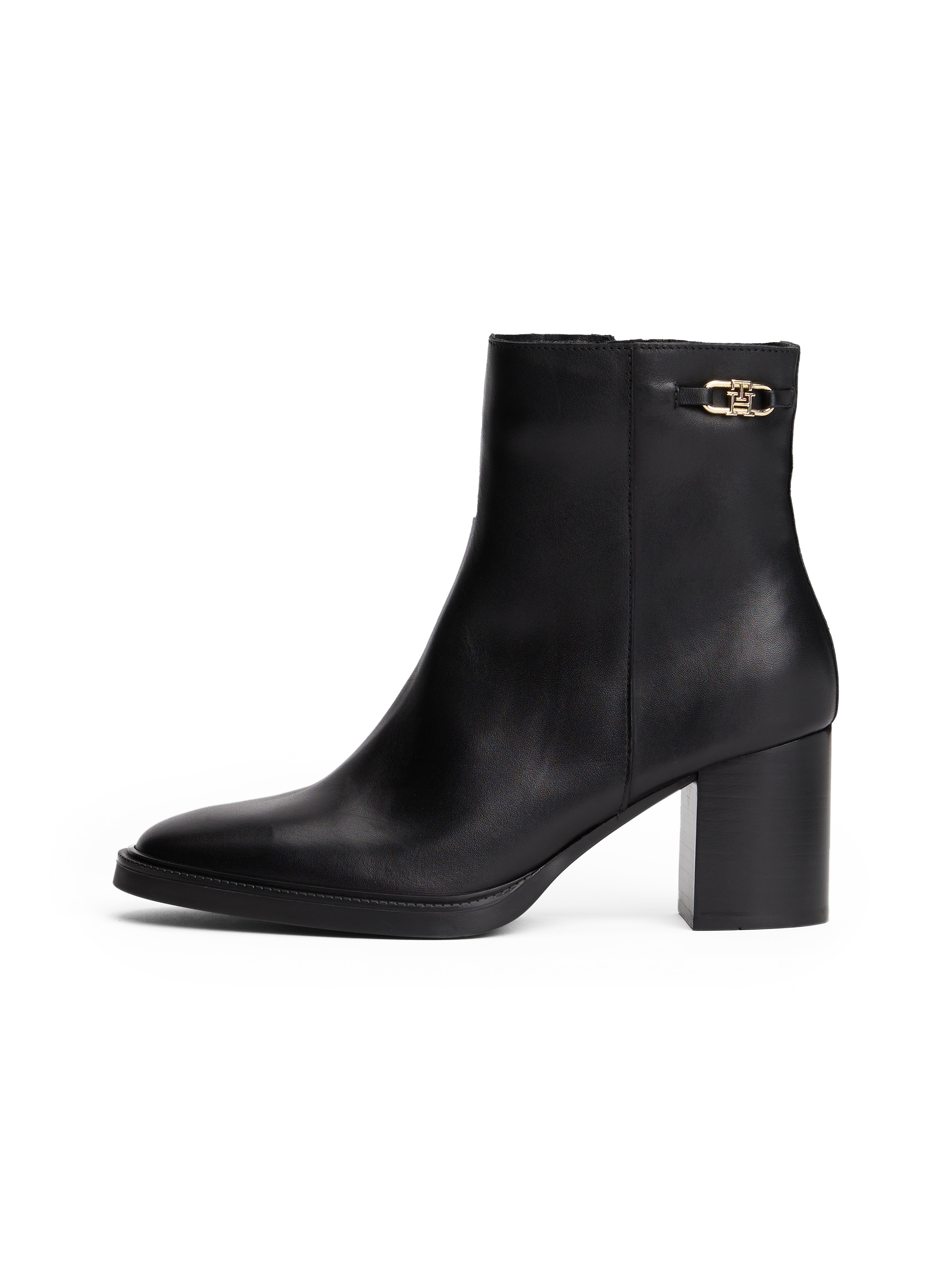 Tommy Hilfiger Stiefelette »STACKED HEEL LEATHER ANKLE BOOT«, Blockabsatz, Ankleboots, Businessschuh, goldfarbenes Schmuckelement