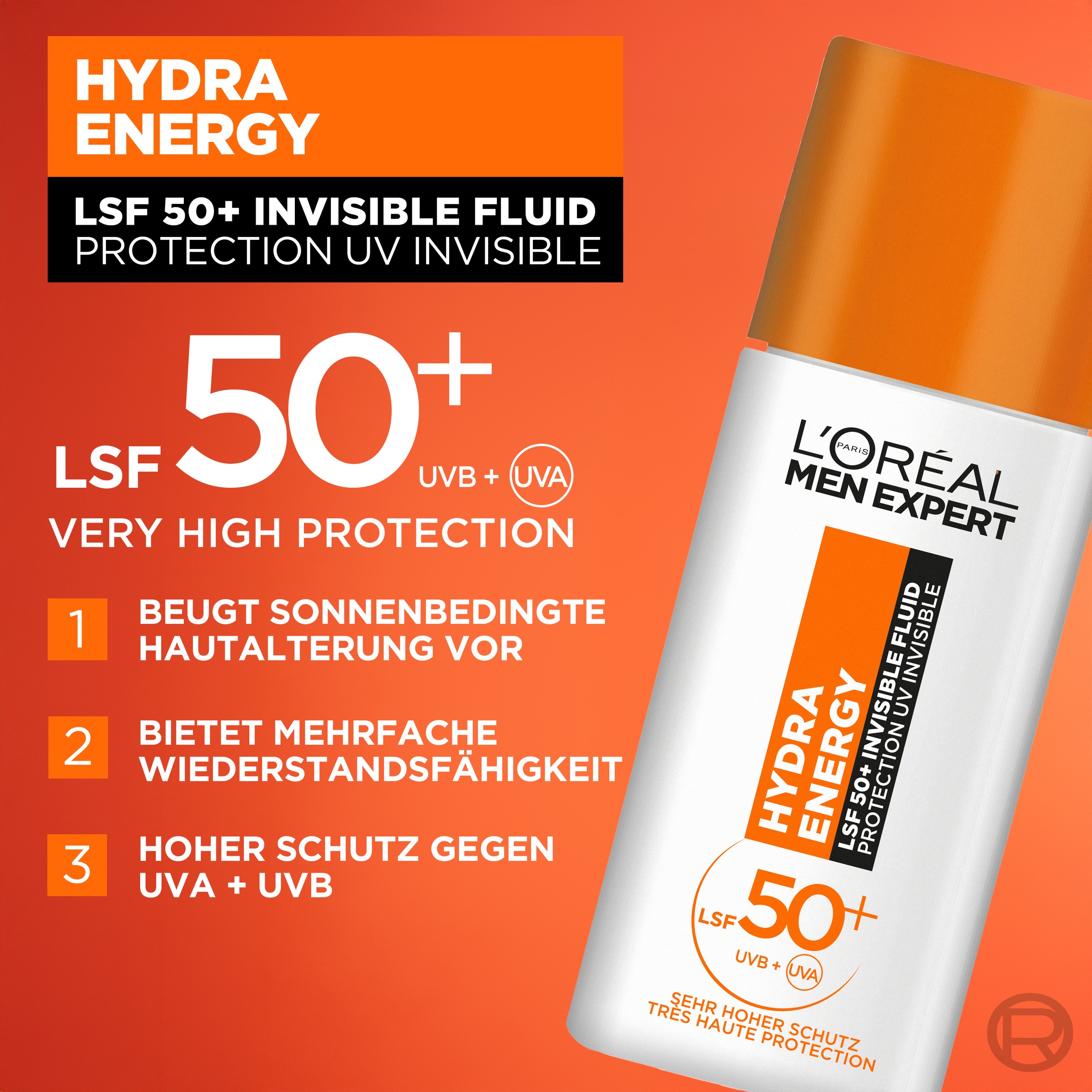 L'ORÉAL PARIS MEN EXPERT Gesichtsfluid »L'Oréal Men Expert Tägliches LSF 50+ Invisible Fluid«, Beugt sonnenbedingte Hautalterung vor, fettet und klebt nicht.