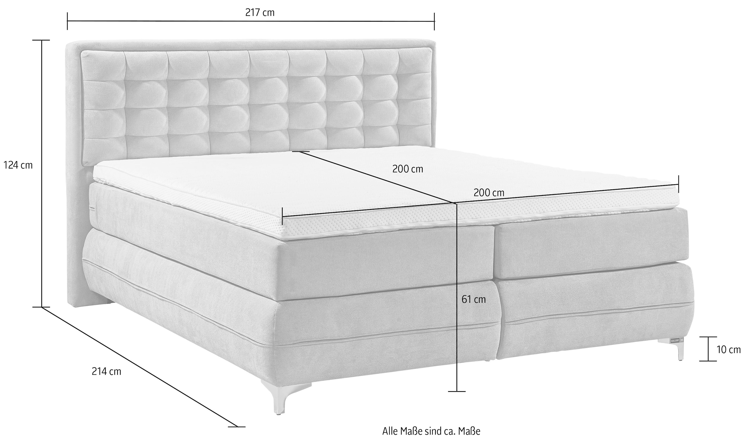 GALLERY M branded by Musterring Boxspringbett »Dubai«, Winkelfuß in Chrom, 3 Härtegrade, Kopfteil in Kassettensteppung
