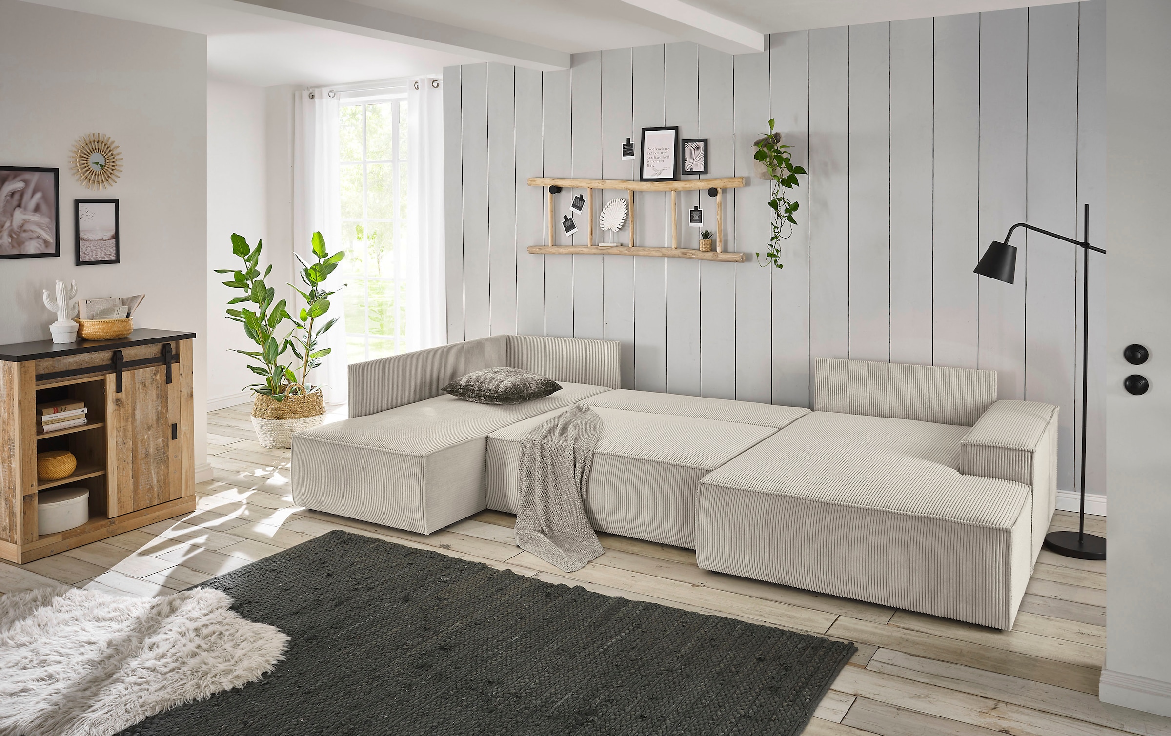 Home affaire Wohnlandschaft »SHERWOOD 329 cm, U-Form, Schlafsofa,«, Schlaffunktion m. Bettkasten (194x139 cm), Cord, Vintage, Samtvelours