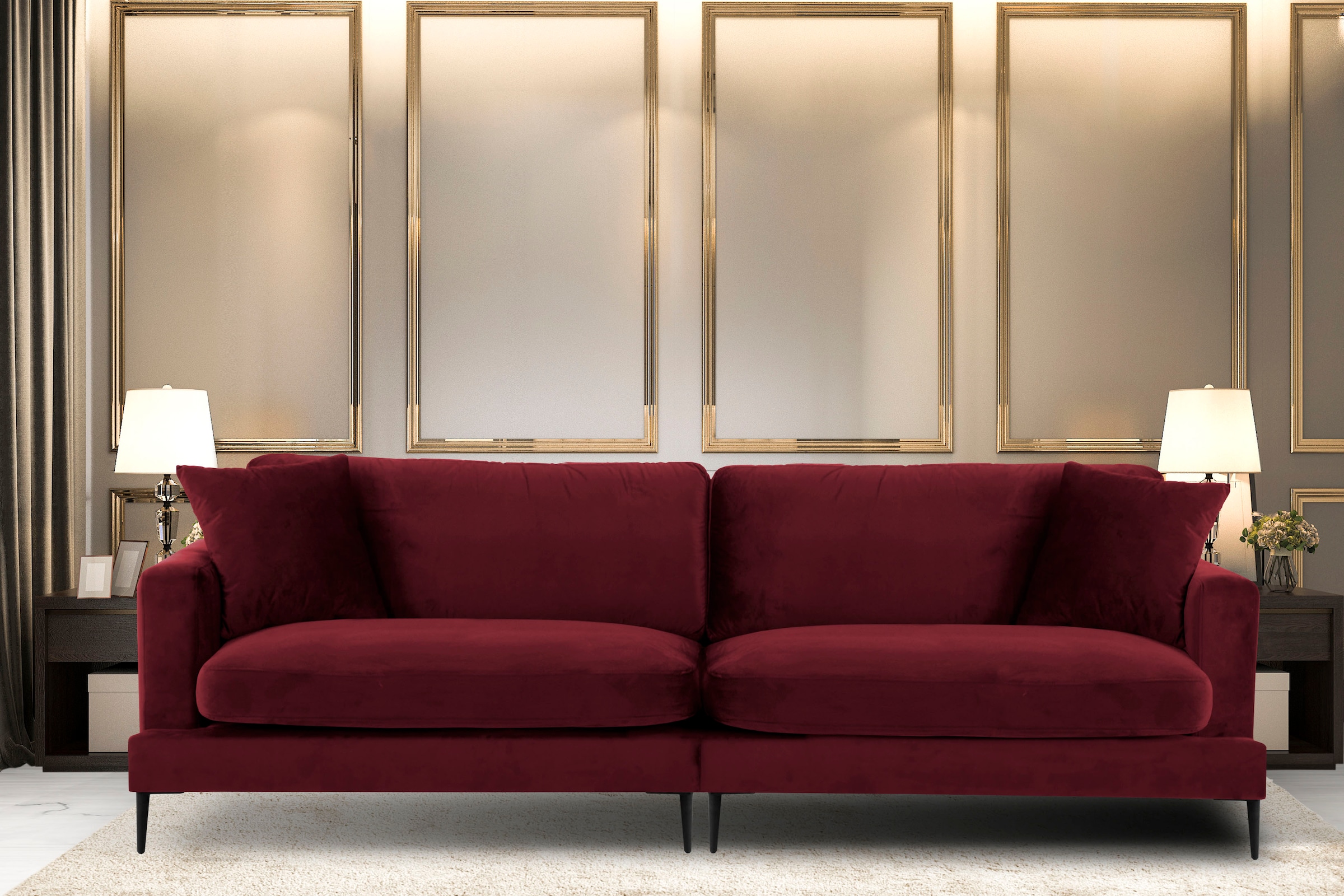 Leonique Big-Sofa »Cozy elegantes Designsofa, Maße B/T/H: 252/97/80 cm«, mit losen Kissen und Metallbeinen