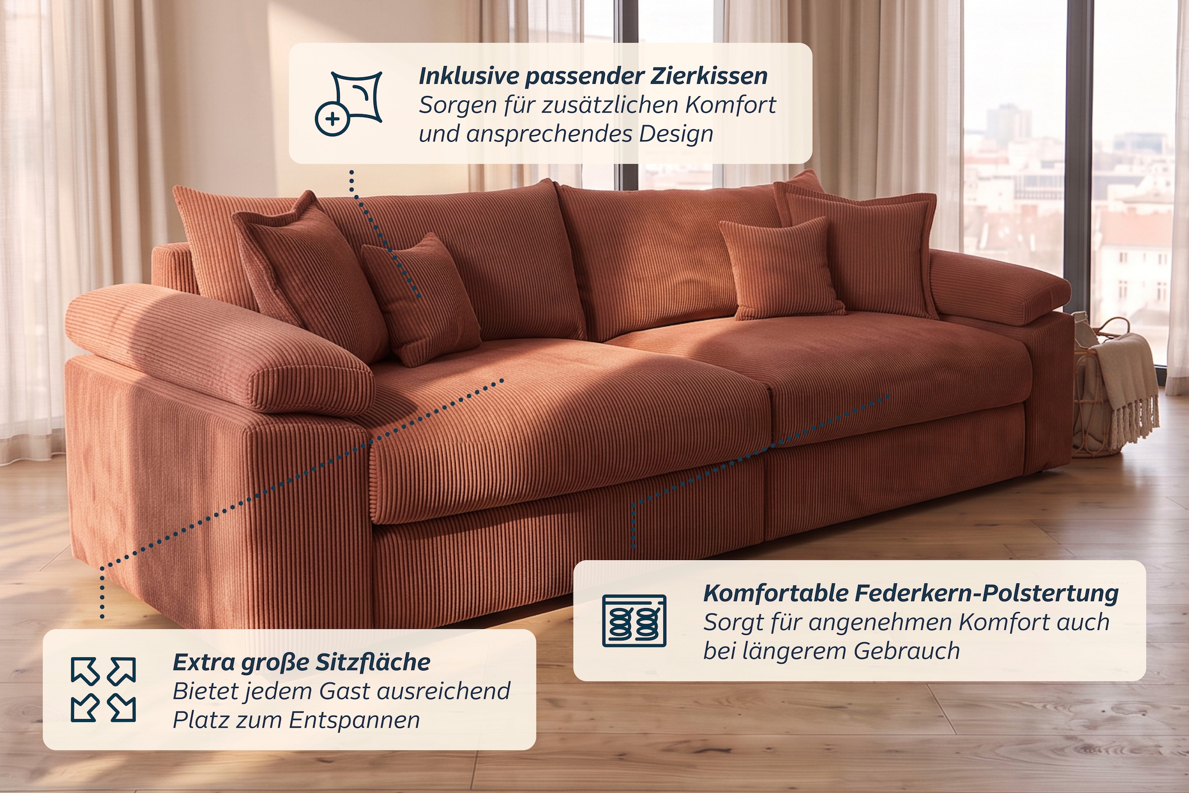 OTTO home Big-Sofa »Soft&Cosy XXL, B: 303 cm - OTTO. Verlässliche Qualität.« Mega-Sofa, Cord oder Chenille-Struktur, mit Federkern & 4 Zierkissen