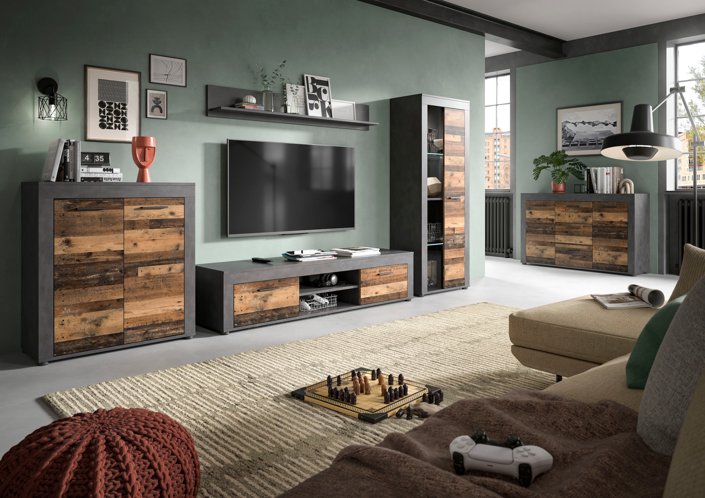 INOSIGN Wohnwand »Aosta, 4-tlg., best. aus: Vitrine, Lowboard, Wandboard & Vitrine hoch«, (4 St.), Wohnwand, Kombination, Anbauwand, Möbel Set, Schrankwand, Möbel Kombi