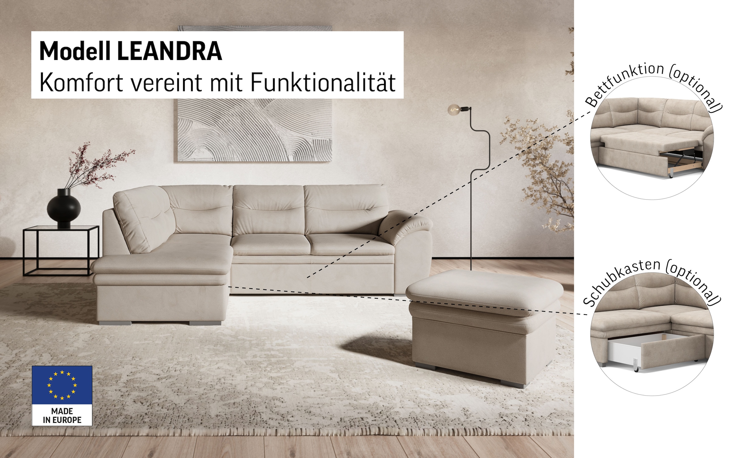 COTTA Ecksofa »Leandra L-Form«, wahlweise mit Bettfunktion & Bettkasten