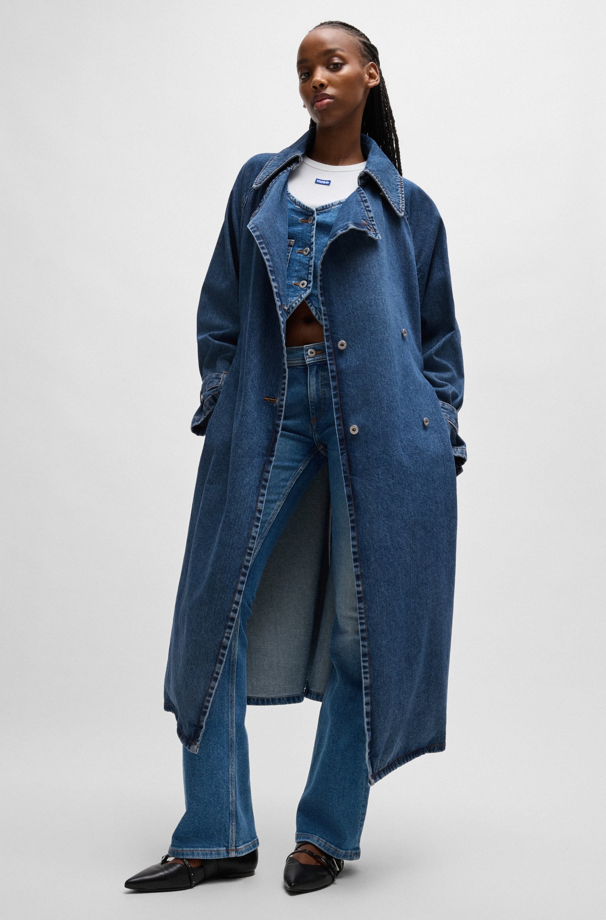 HUGO Blue Trenchcoat »Garena«, mit Taillengürtel, All Over Denim Fashion Piece Jeanstrenchcoat