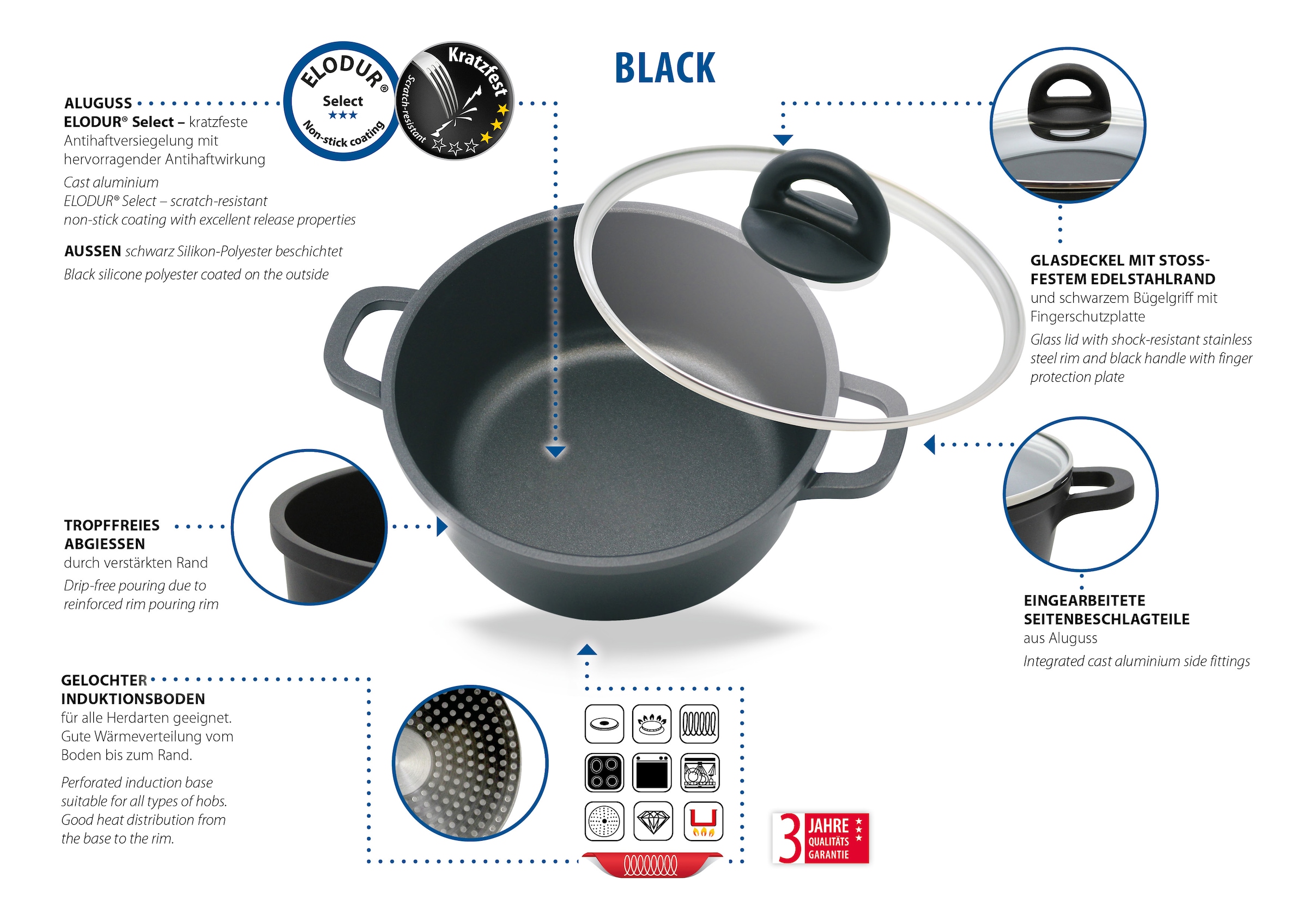 Elo »Black, Ducato« Set, 3 Töpfe mit Deckel, 1 Stielkasserolle, 2 Bratpfannen, 2 Stapelschutz, 11 Stk. tlg. Aluminiumguss