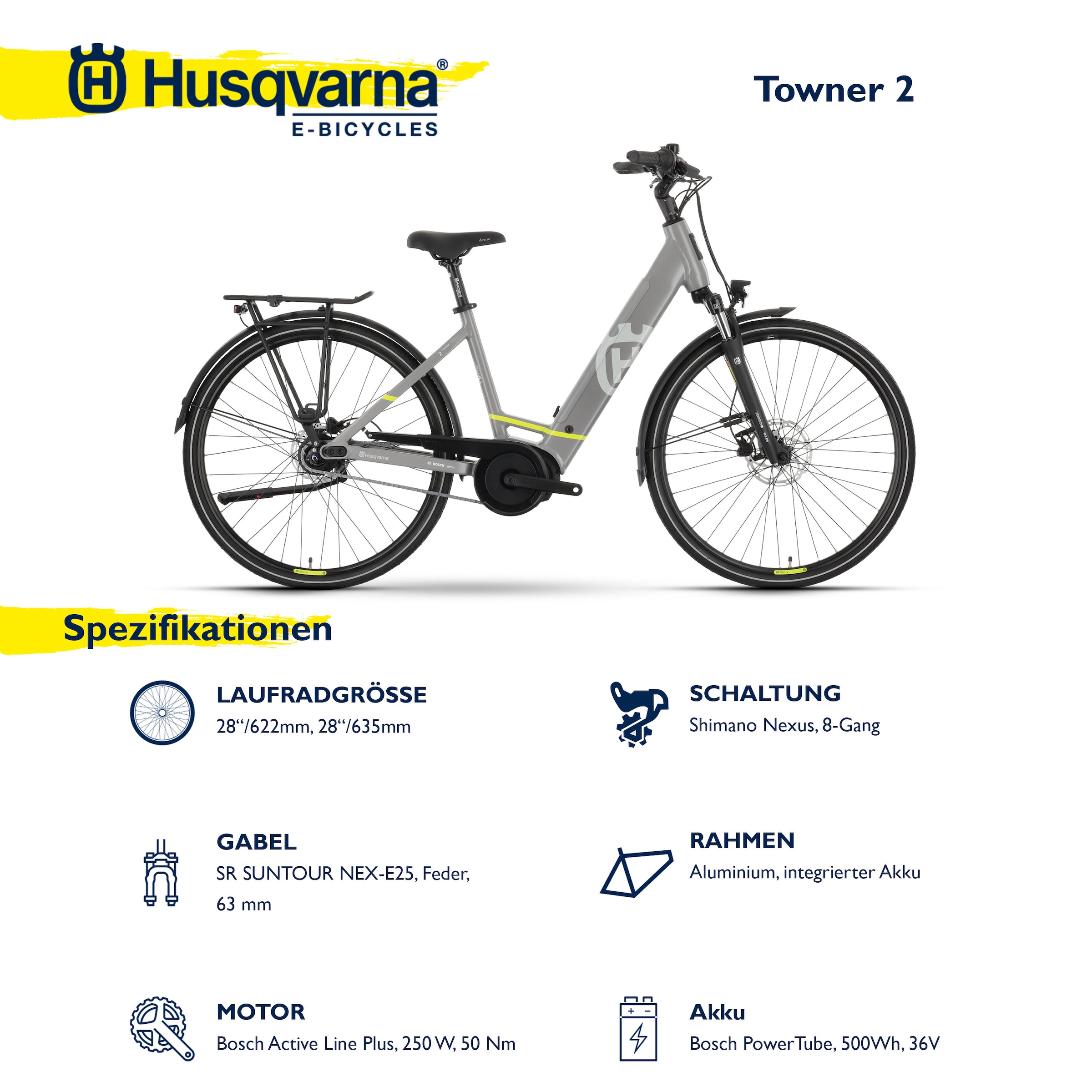 Husqvarna E-BICYCLES E-Bike »E-Citybike Towner 2«, 8 Gang, Shimano, Nexus, Mittelmotor 250 W, (28 Zoll, Bosch Motor, Rücktritt, Scheibenbremsen, mit Straßenzulassung), Pedelec, Elektrofahrrad für Herren u. Damen, tiefer Einstieg