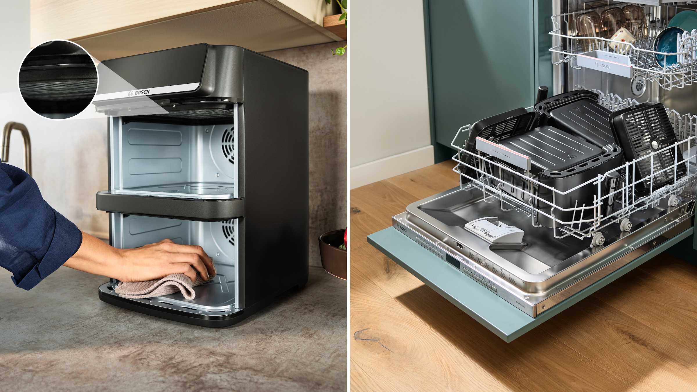 BOSCH Heißluftfritteuse »Serie 6 MAFD661B0, XXL Heißluftfritteuse, 12L, PFAS frei, Doppelkammer« 2800 W platzsparend, einfache Reinigung, weniger Fett, 6 Programme, schwarz