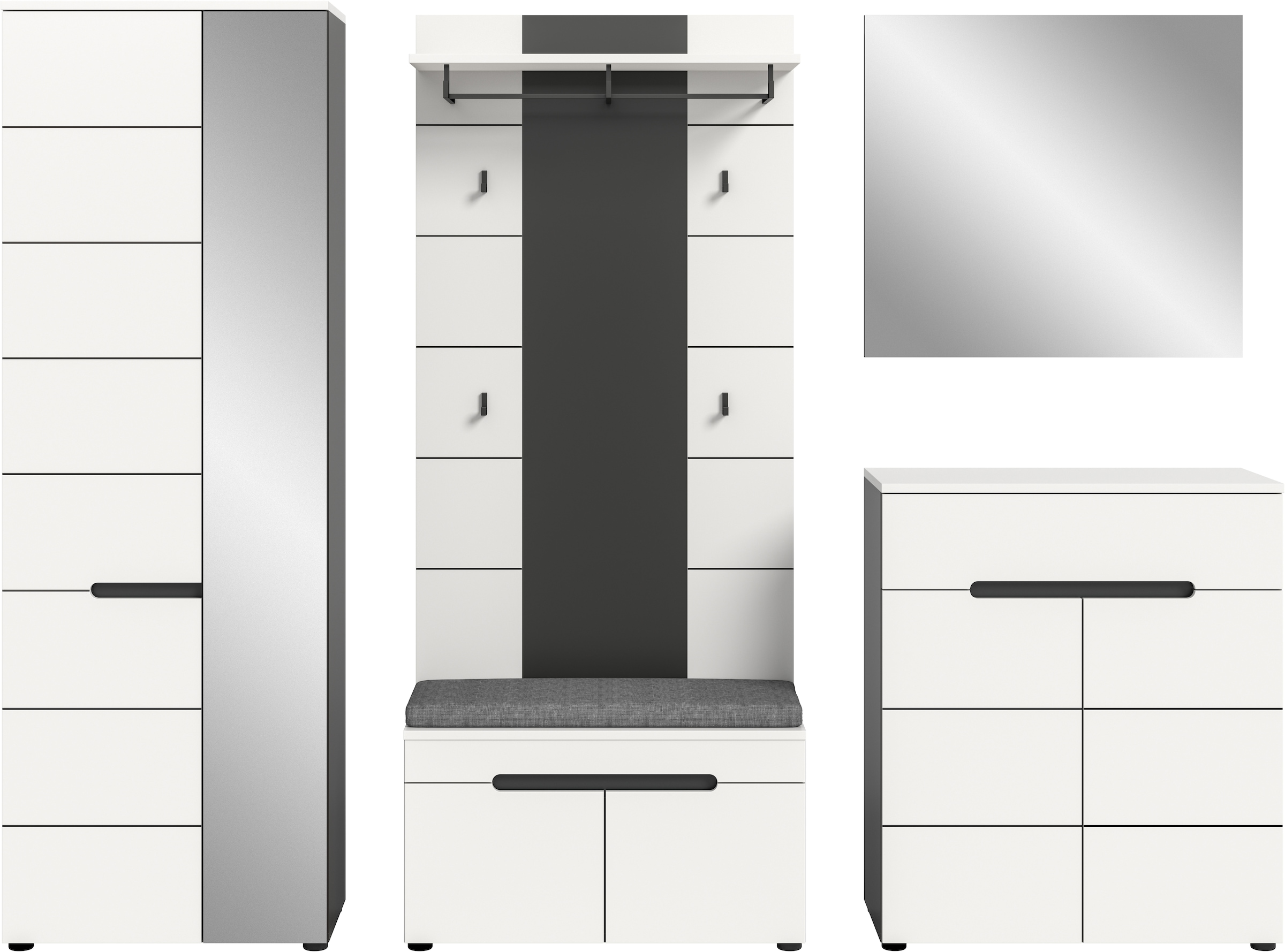 INOSIGN Garderoben-Set, (Set, 6 St., bestehend aus: Schrank, Sitzbank, Sitzkissen, Paneel, Spiegel, Kommode), Garderobenkombination, Kombination, Set, Flurgarderobe, Diele