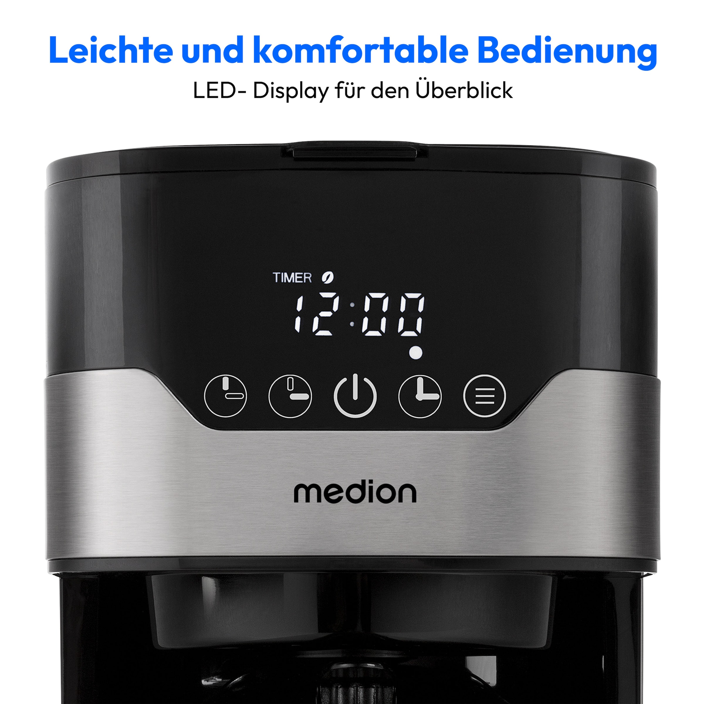 Medion® Filterkaffeemaschine »MD 18458, Aromawahlschalter mit 3 Stufen, 1,2 L Edelstahlkanne, Timer«, 1,2 l Kaffeekanne, Papierfilter, 1x4, Wasserstandsanzeige, Tropfstopp