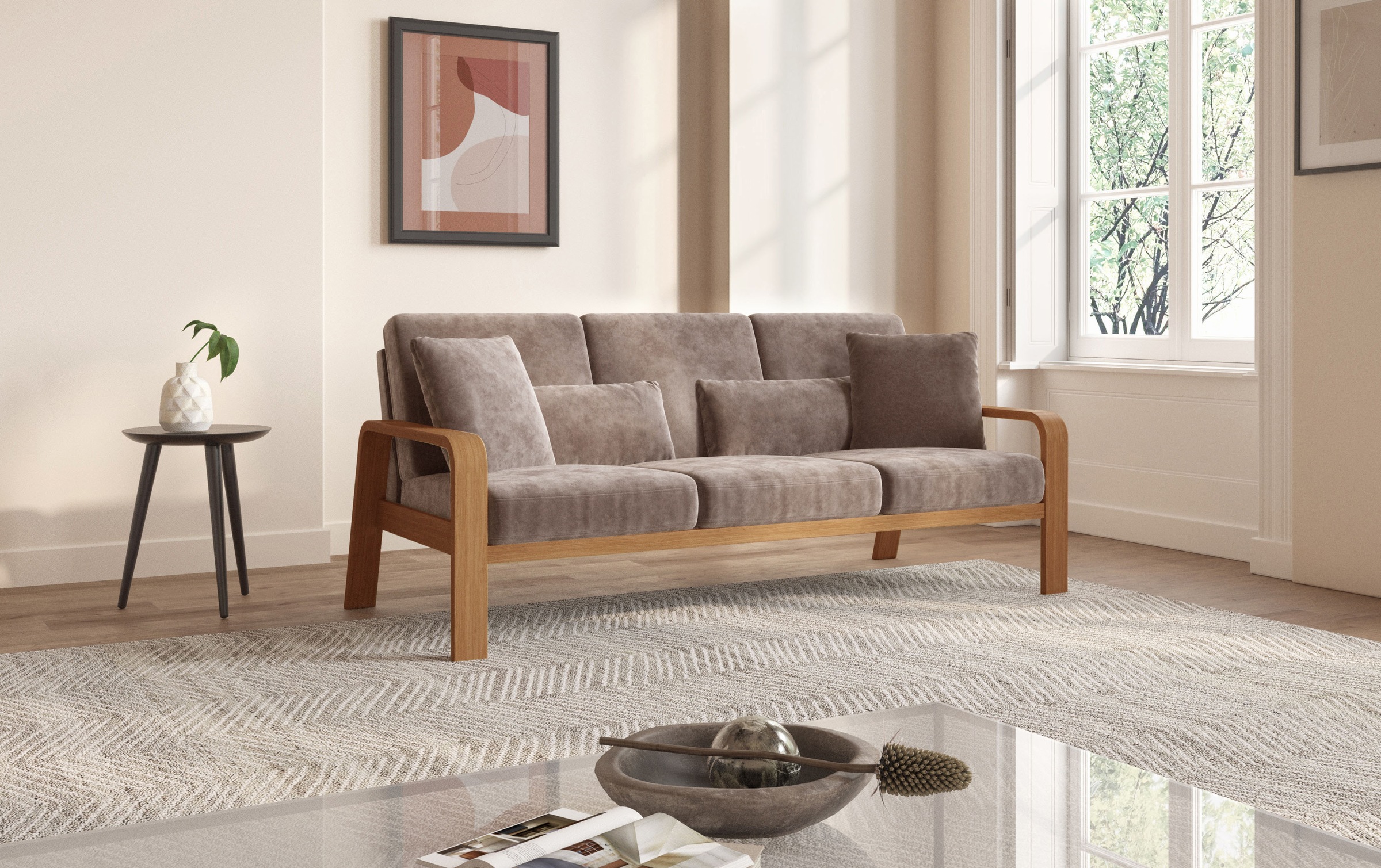 sit&more 3-Sitzer »Kolding«, Armlehnen aus eichefarbigem Buchenholz, verschiedene Bezüge und Farben
