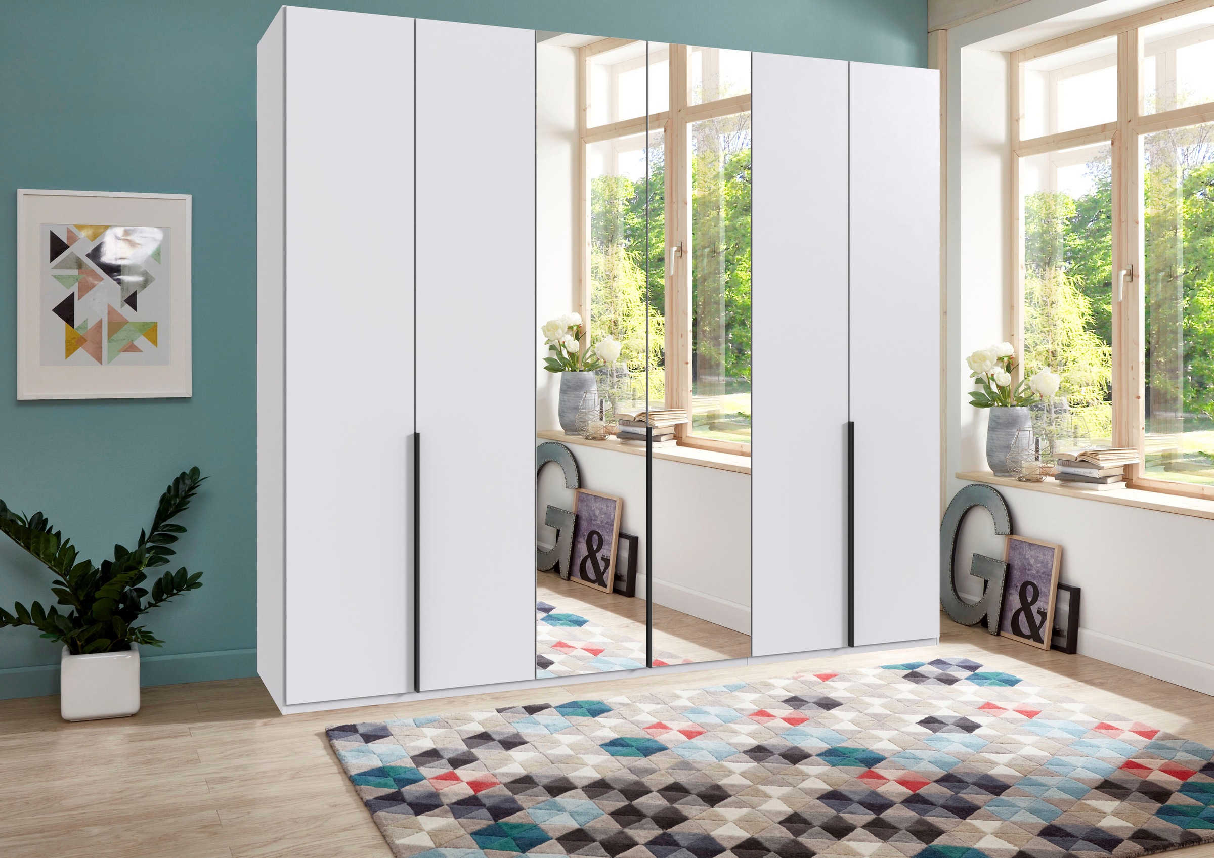 Wimex Kleiderschrank »Mugano, in 5 Breiten und 2 Höhen, Made in Germany«, (in Basic oder Premium Ausstattung mit 2 weiteren Einlegeböden), mit langen Griffstangen aus Metall, wahlweise mit oder ohne Spiegel