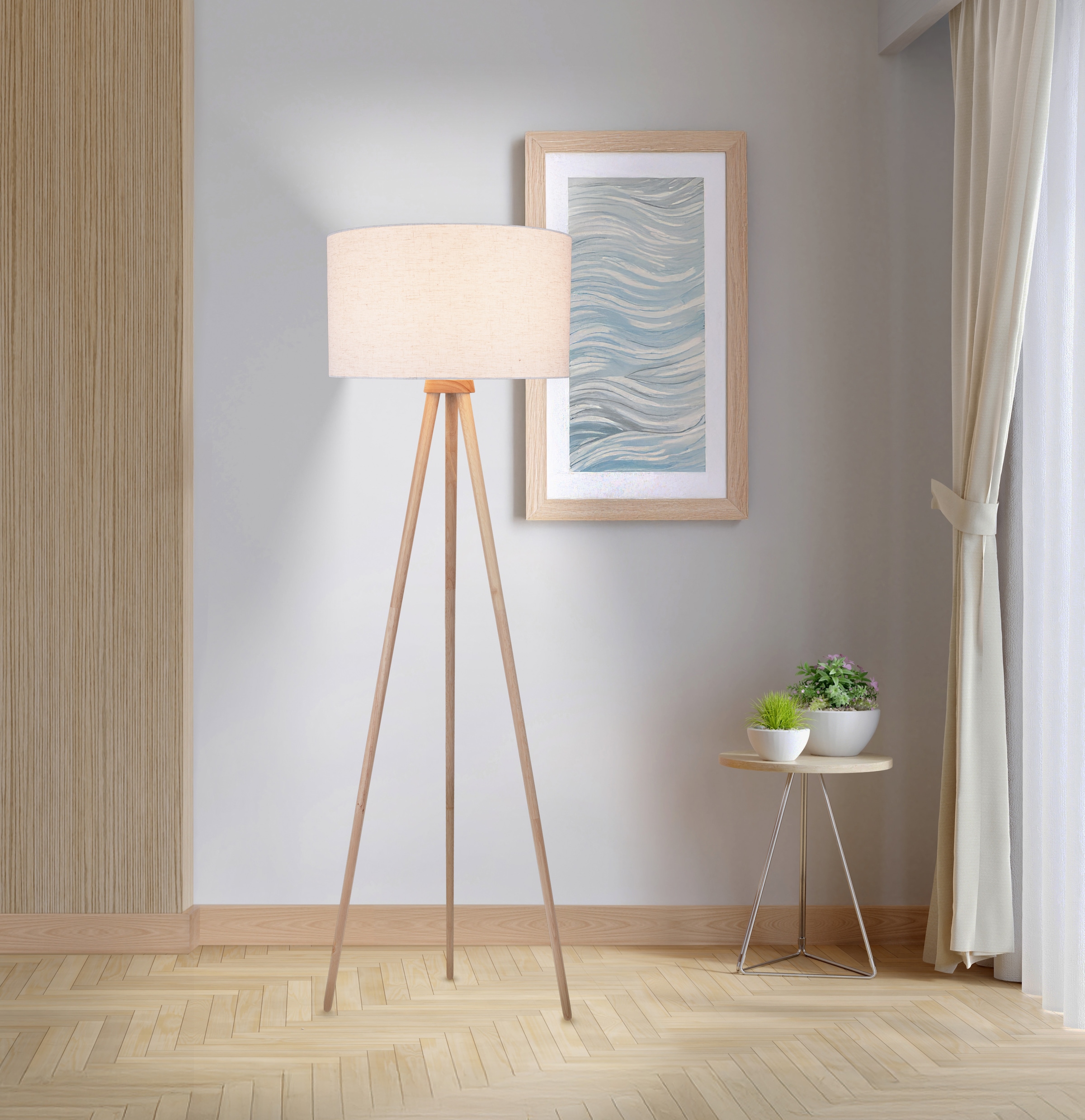 OTTO home Stehlampe »Torell - Dreibein Stehleuchte« E27 1 Stk. Textil, Dreibein Holz, E27, Kabel 300cm, Leinen o. Cord, Textilschirm
