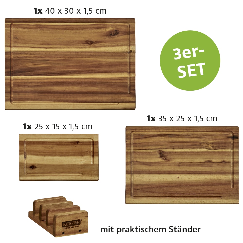 KESPER® Schneidebrett »3er Set Schneidebrett inkl. Ständer«, (Set, 4 St.), aus FSC-zertifiziertem Akazienholz