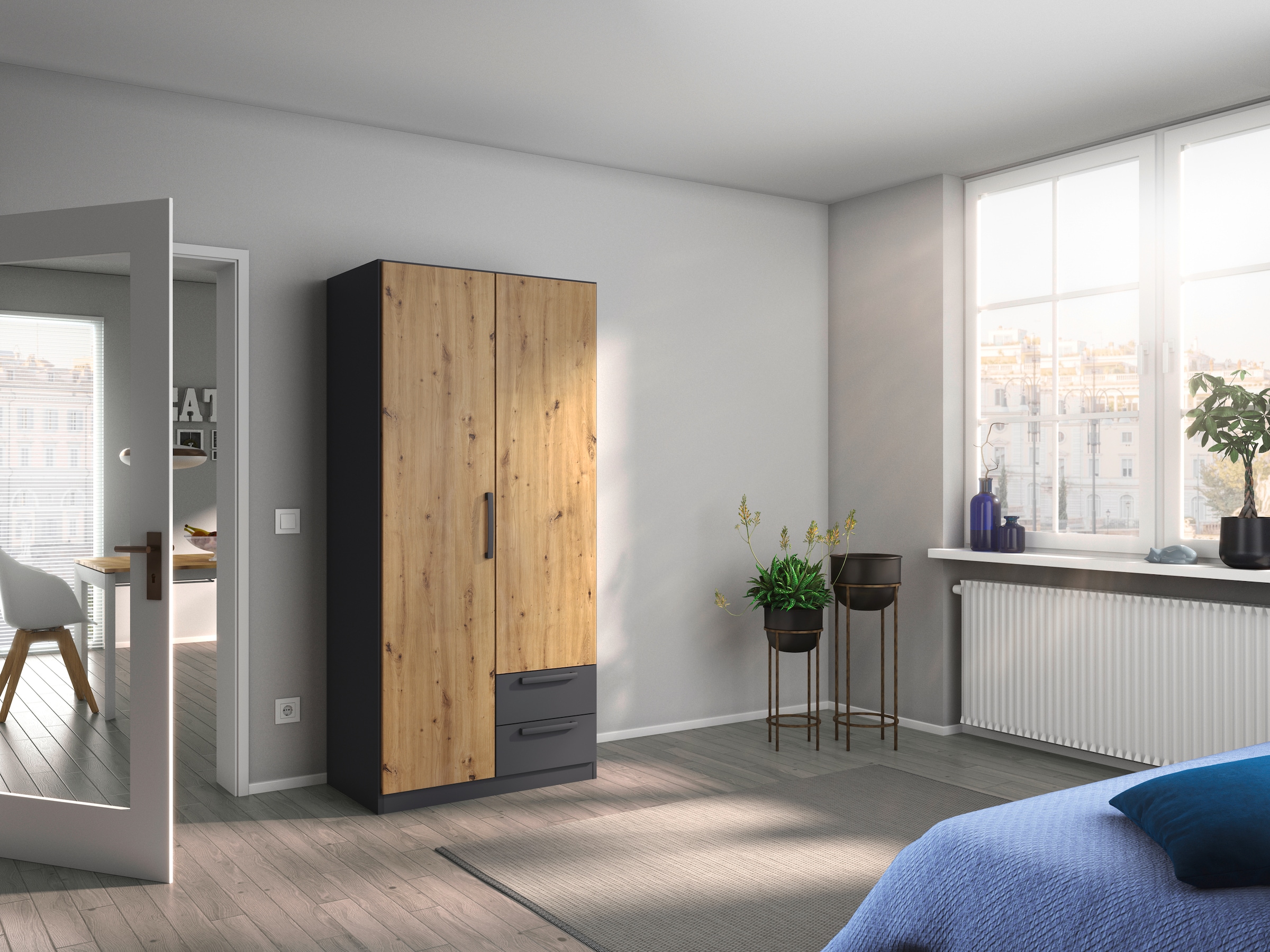 rauch Drehtürenschrank »StyleUp«, Typ Dark & Wood mit trendigen farblich abgesetzten Griffen