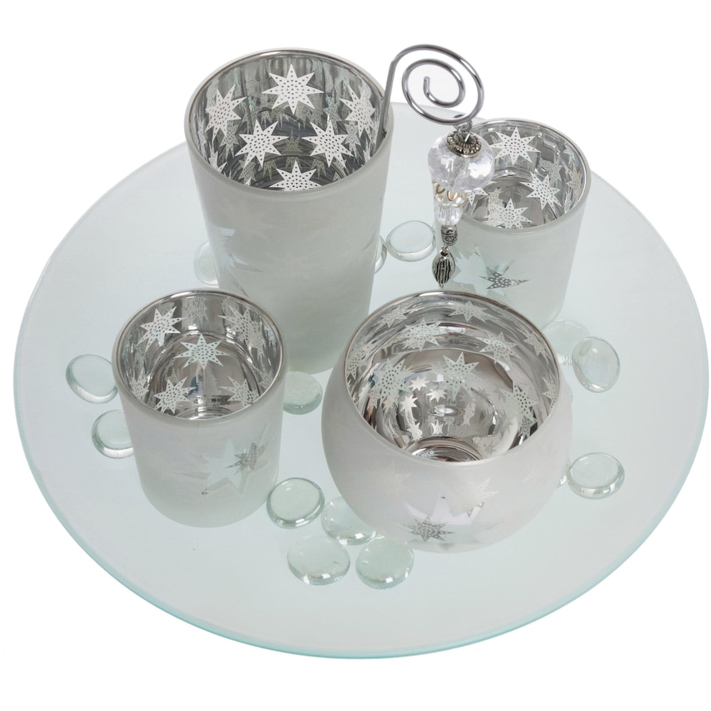 Myflair Möbel & Accessoires Teelichthalter »Solmas, Weihnachtsdeko«, (Set, 5 St., 1x Kerzenteller, 4x Teelichtgläser)