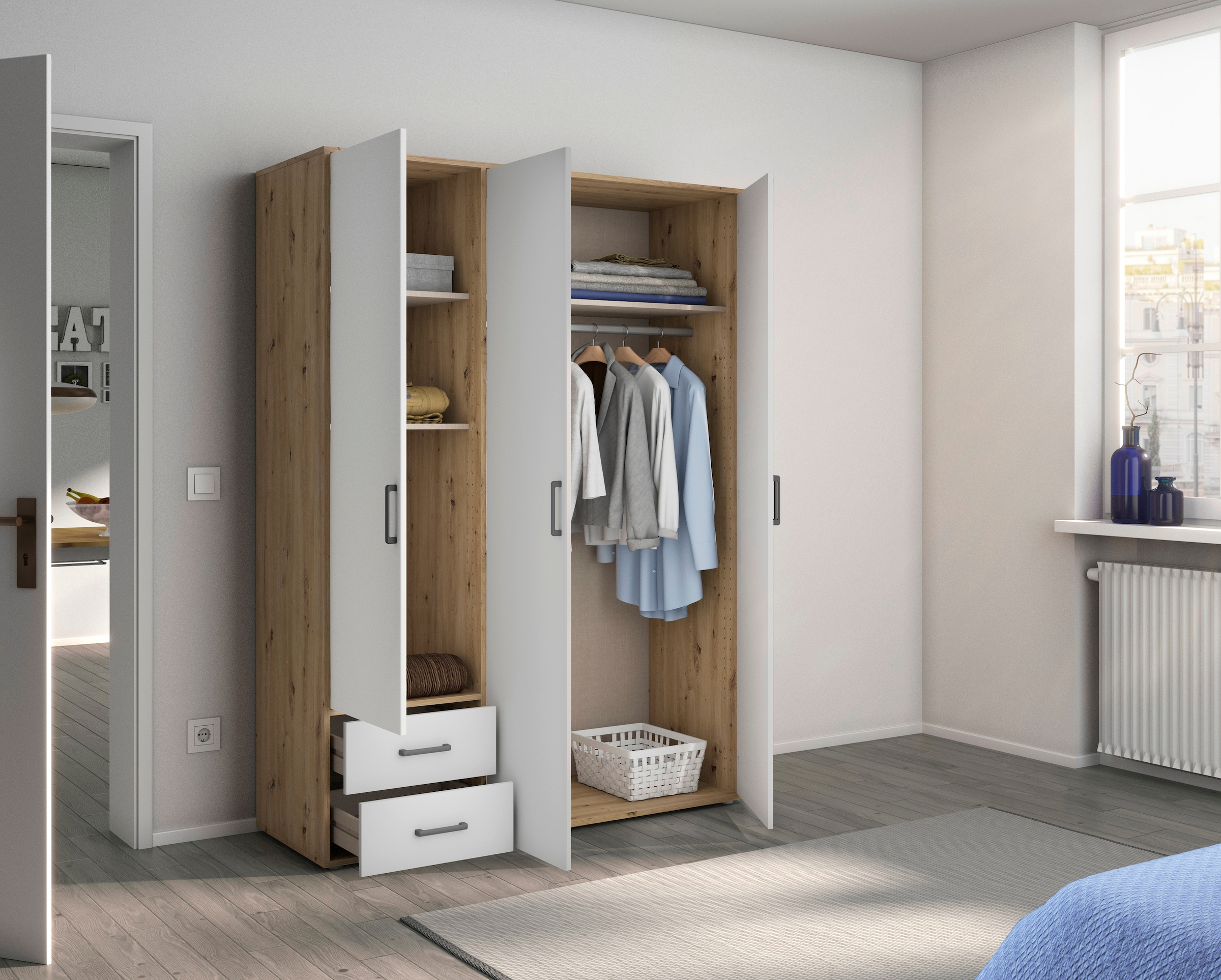 rauch Drehtürenschrank »Kleiderschrank Schrank Garderobe Wäscheschrank VOYAGER«, (in 3 verschiedenen Ausstattungen BASIC/CLASSIC/PREMIUM), moderne Griffe in Graumetallic mit Außenschubkästen MADE IN GERMANY