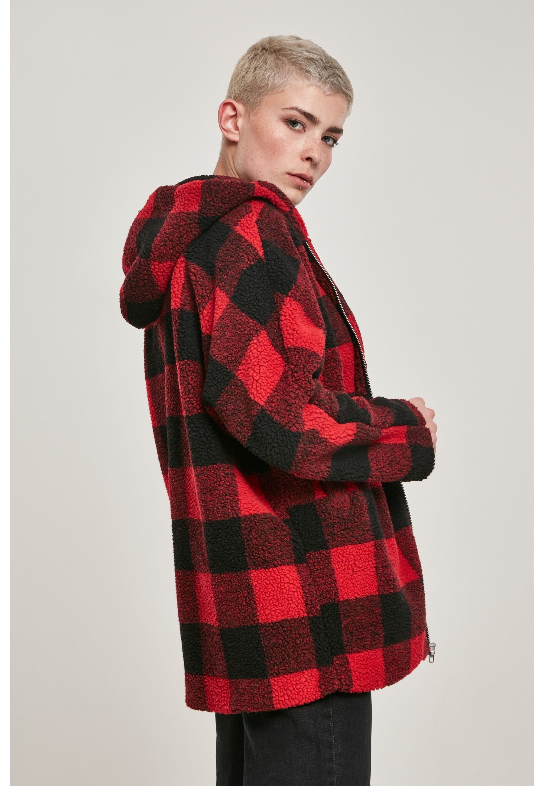 URBAN CLASSICS Winterjacke »Urban Classics Damen Ladies Hooded Oversized Check Sherpa Jacket« 1 Stk. tlg. mit Kapuze