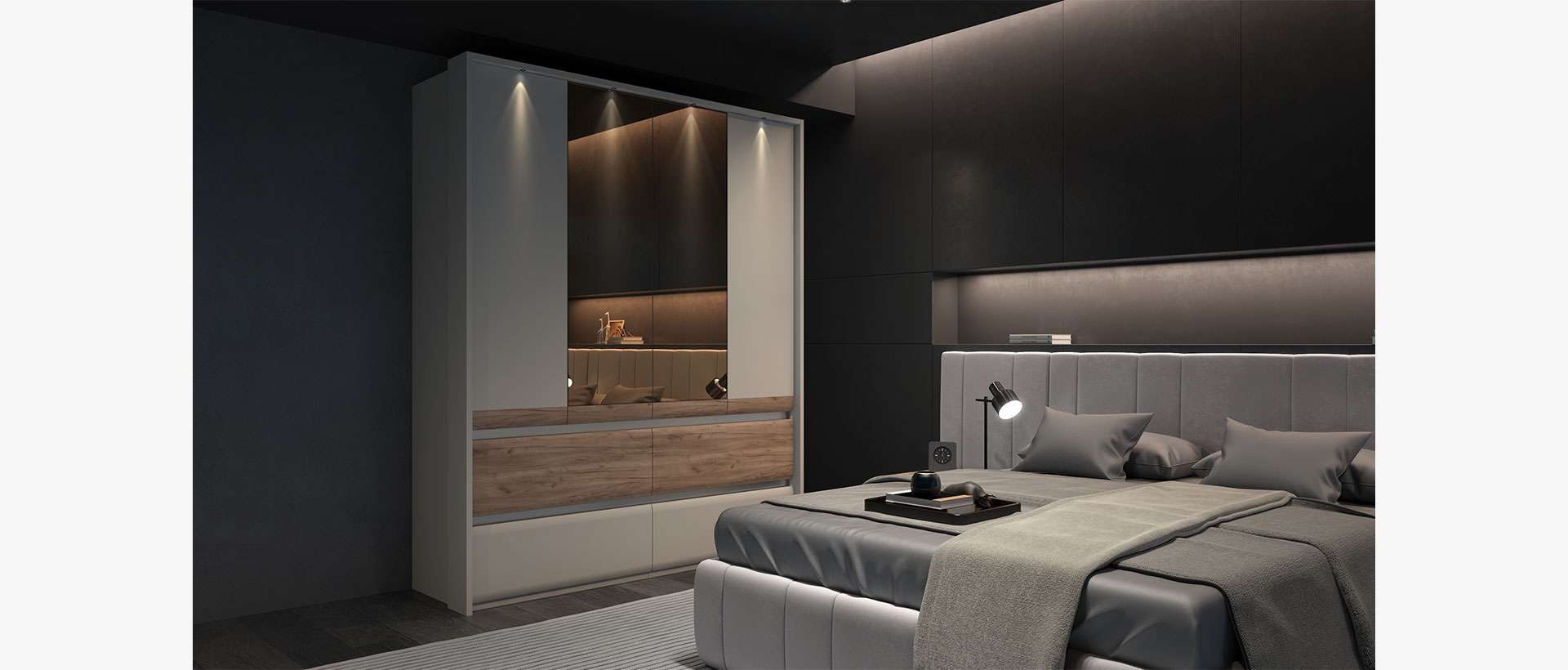 Places of Style Kleiderschrank »Invictus, UV lackiert, FSC-zertifiziert, grifflose Optik«, (abgerundete Schubladen aus MDF im Holzdekor, soft-close), mit Beleuchtung und Spiegel, in 4 Breiten, hoher Schrank (226cm)