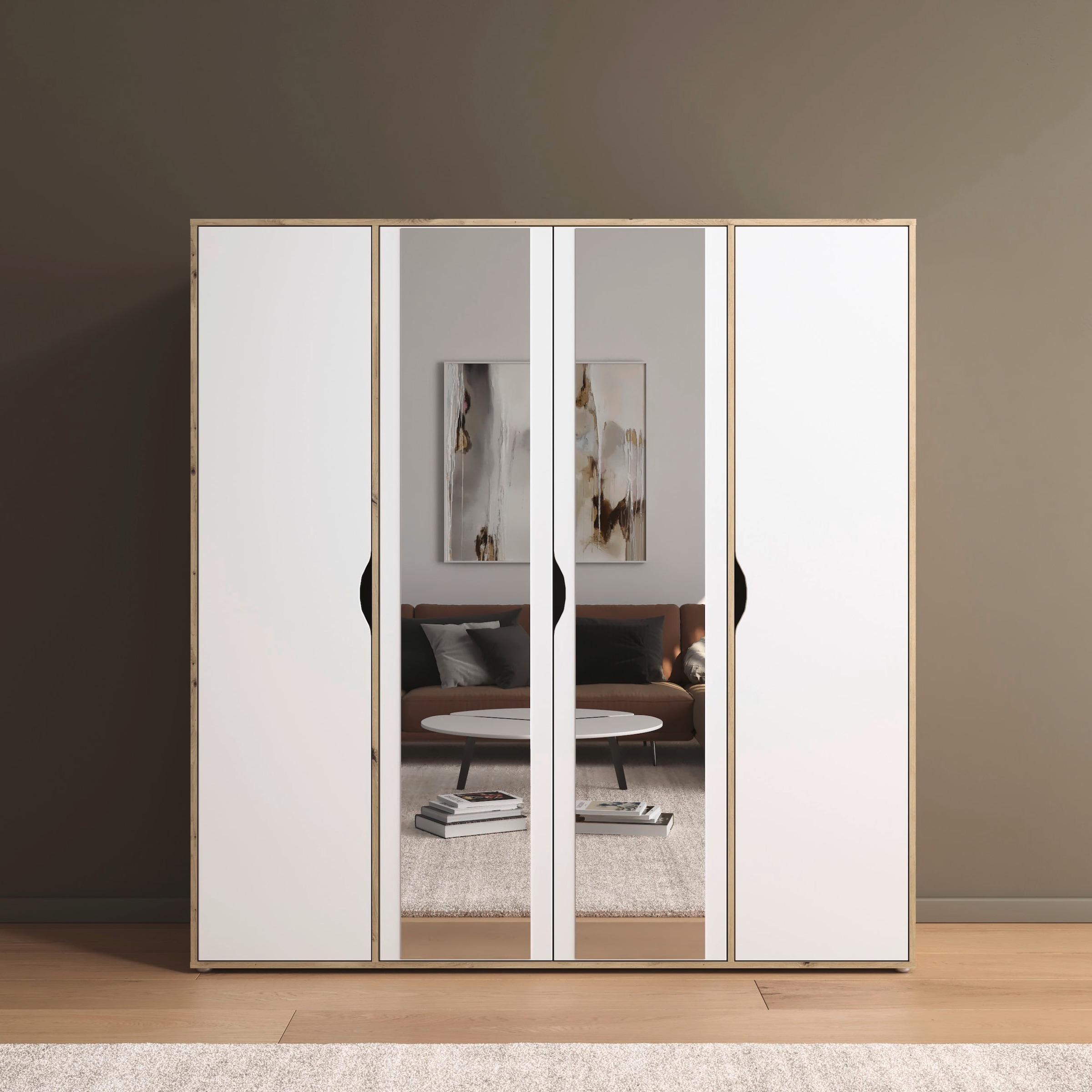 rauch Drehtürenschrank »Kleiderschrank Schrank Garderobe Wäscheschrank NARAI mit Spiegel«, (in 3 verschiedenen Ausstattungen BASIC/CLASSIC/PREMIUM), Griffausfräsungen für eine grifflose Optik TOPSELLER MADE IN GERMANY