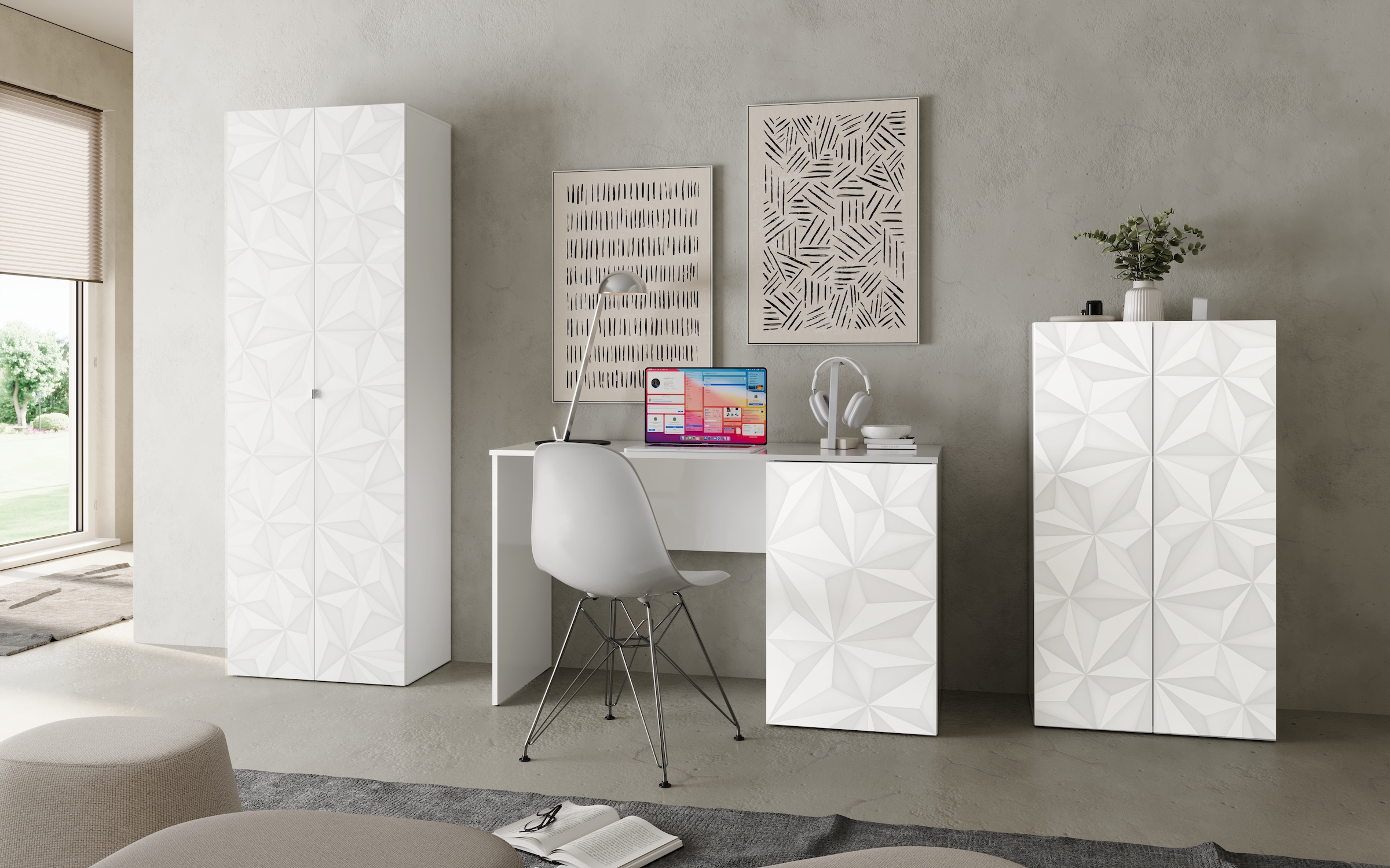 INOSIGN Schreibtisch »Prisma, Breite 120 cm, Tiefe 50 cm, mit Stauraum (1 Tür - 2 Fächer),«, Computertisch, Arbeitstisch, Schminktisch, Tür mit Siebdruck