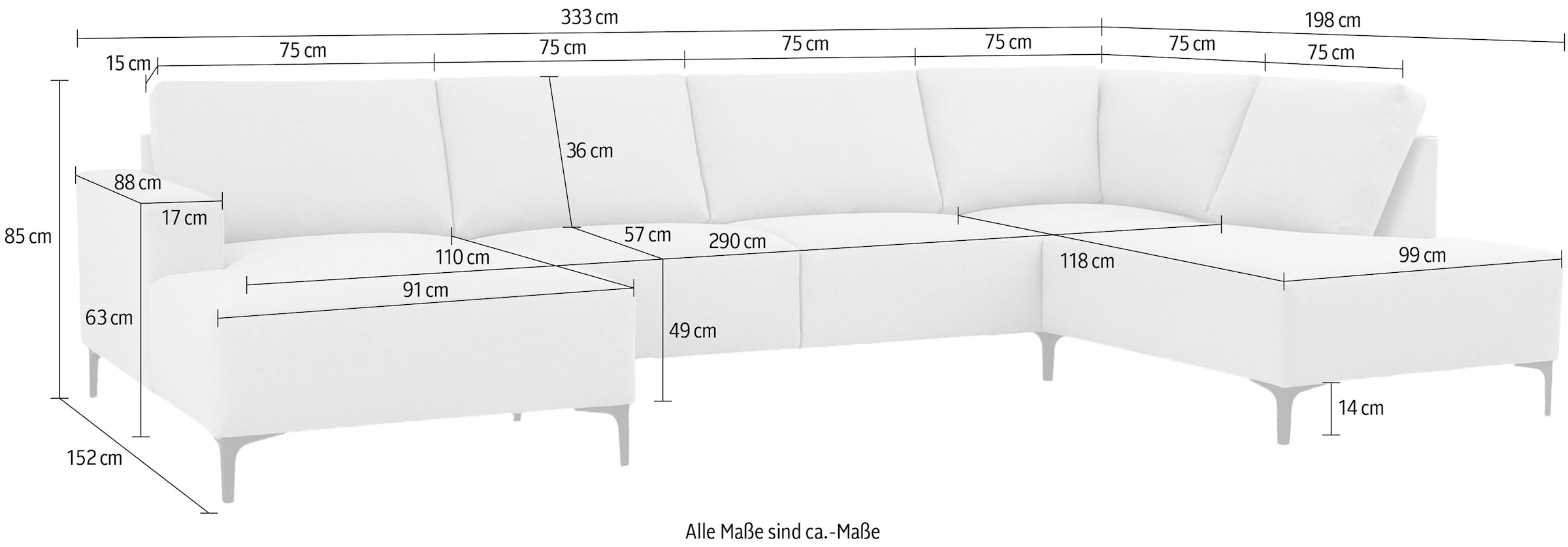 Home affaire Wohnlandschaft »Tournon U-Form, XXL Sofa, Breite 333 cm, Webstoff, Chenille«, Designsofa im nordischen Stil, Wellenunterfederung, Metallfüße