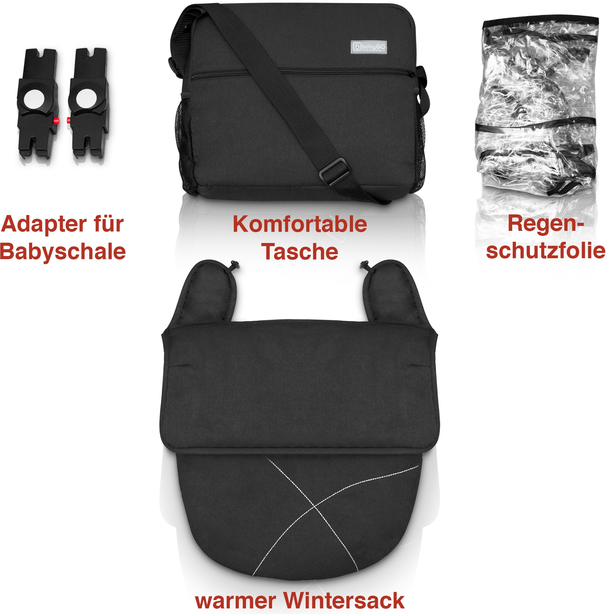 BabyGo Kombi-Kinderwagen »Halime 3in1, Anthracite Black«, inklusive Babywanne, Babyschale, Regenhaube & Wickeltasche