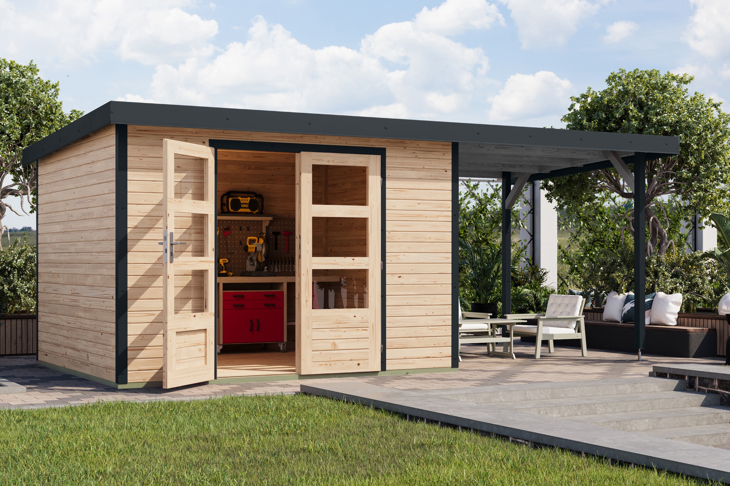 Karibu Gartenhaus »Jupiterino 5  SET, in verschiedenen Farben« inkl. Anbaudach