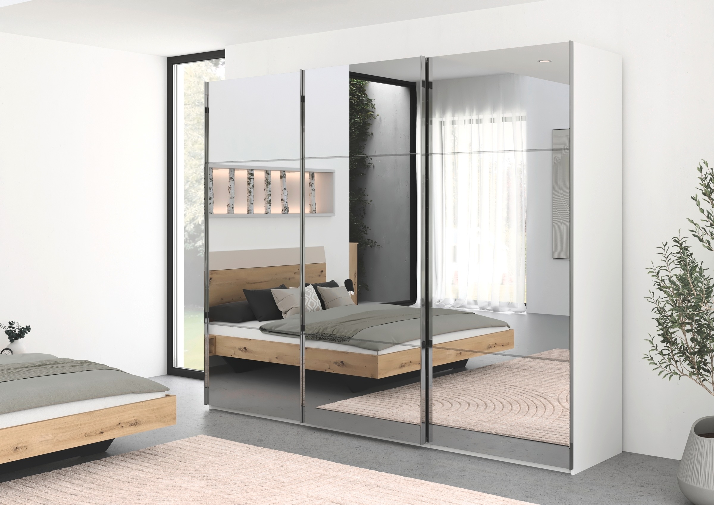 rauch Schwebetürenschrank »Kleiderschrank Schrank Garderobe Schlafzimmerschrank SCALE-TRIO«, edle dreigeteilte Front mit 2 Zierleisten Spiegelfront MADE IN GERMANY