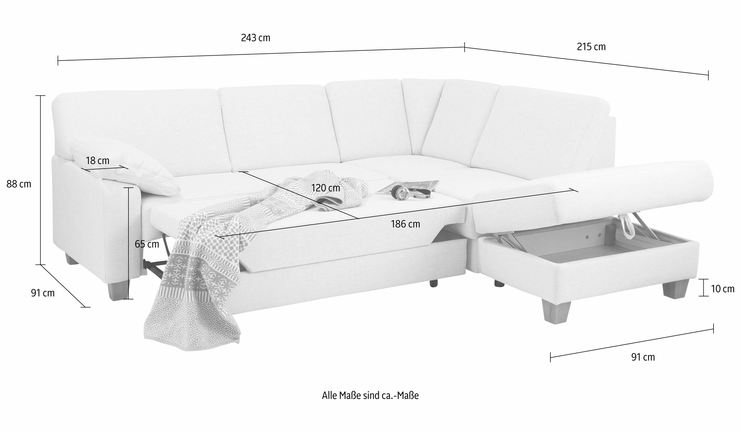 Home affaire Ecksofa »Belfort L-Form«, mit Federkern, wahlweise mit Bettfunktion und Stauraum