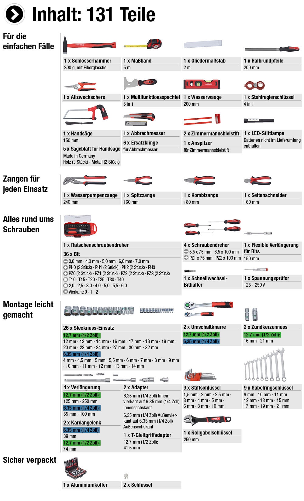 meister Werkzeugset »Profi Werkzeugkoffer / 8971470«, 131-teilig, stabiler Alu-Koffer, für Haushalt, Garage & Werkstatt