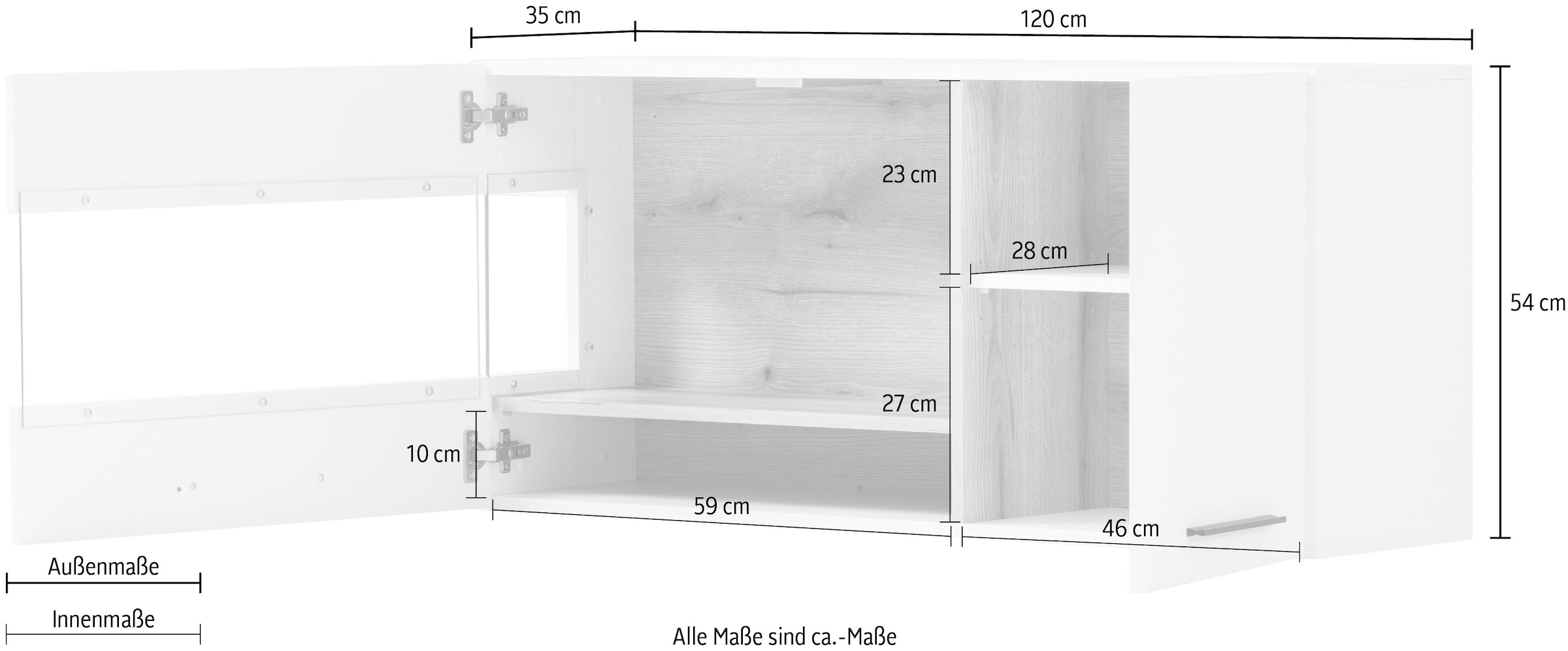 INOSIGN Hängevitrine »Salerno Hängeschrank, Glasvitrine, Weiß mit Eiche Evoke Dekor, modern.«, Metallgriffe, ausreichend Stauraum, vielseitig einsetzbar, 120cm breit