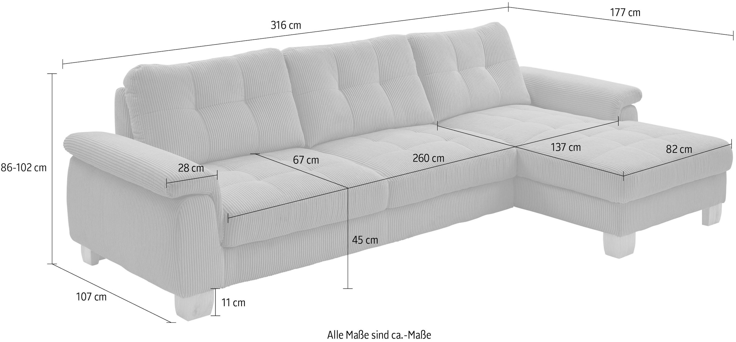 Die PlanBar Ecksofa »PP-LA19101 L-Form, Breite 316 cm« wahlweise mit Bettfunktion und verstellbaren Kopfstützen, in Cord