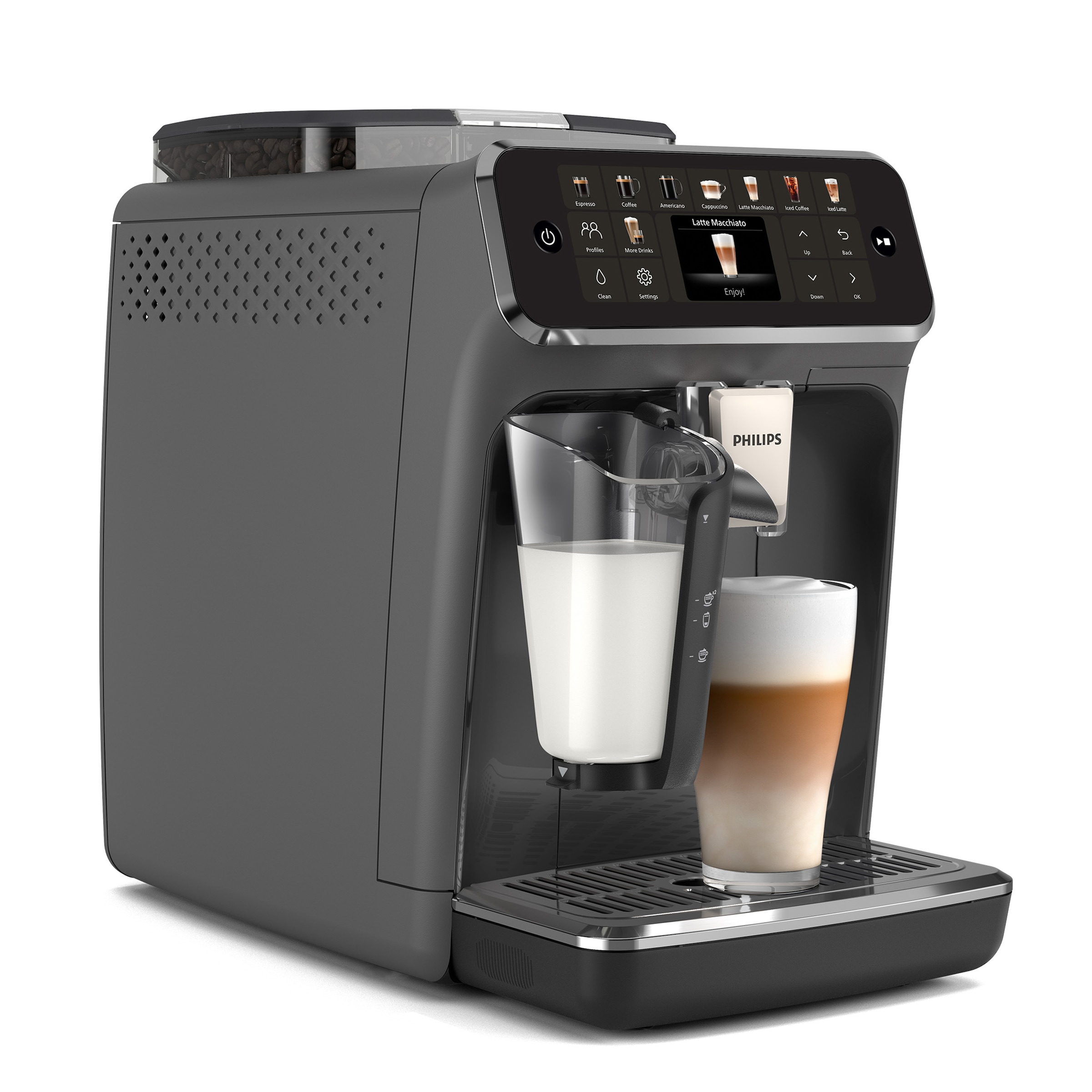 Philips Kaffeevollautomat »EP5544/50 5500 Series, 20 Kaffeespezialitäten (heiß oder eisgekühlt),«, LatteGo-Milchsystem, SilentBrew Technologie, Schwarz/Grau