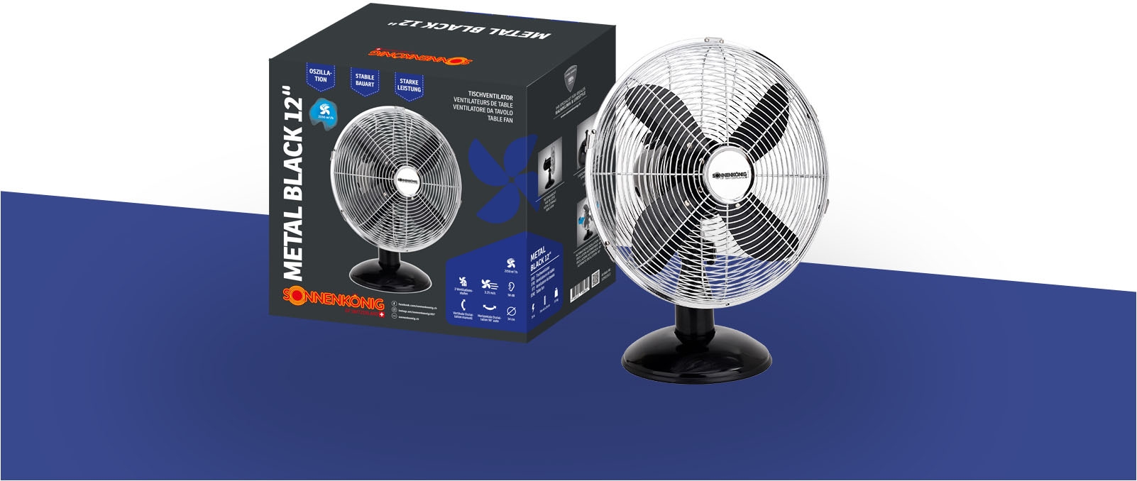Sonnenkönig Tischventilator »Metal Black 12, Leistung 35W, leise, horizontale Oszillation«, 3 Ventilationsstufen, 4 Ventilationsblätter, Oszillation