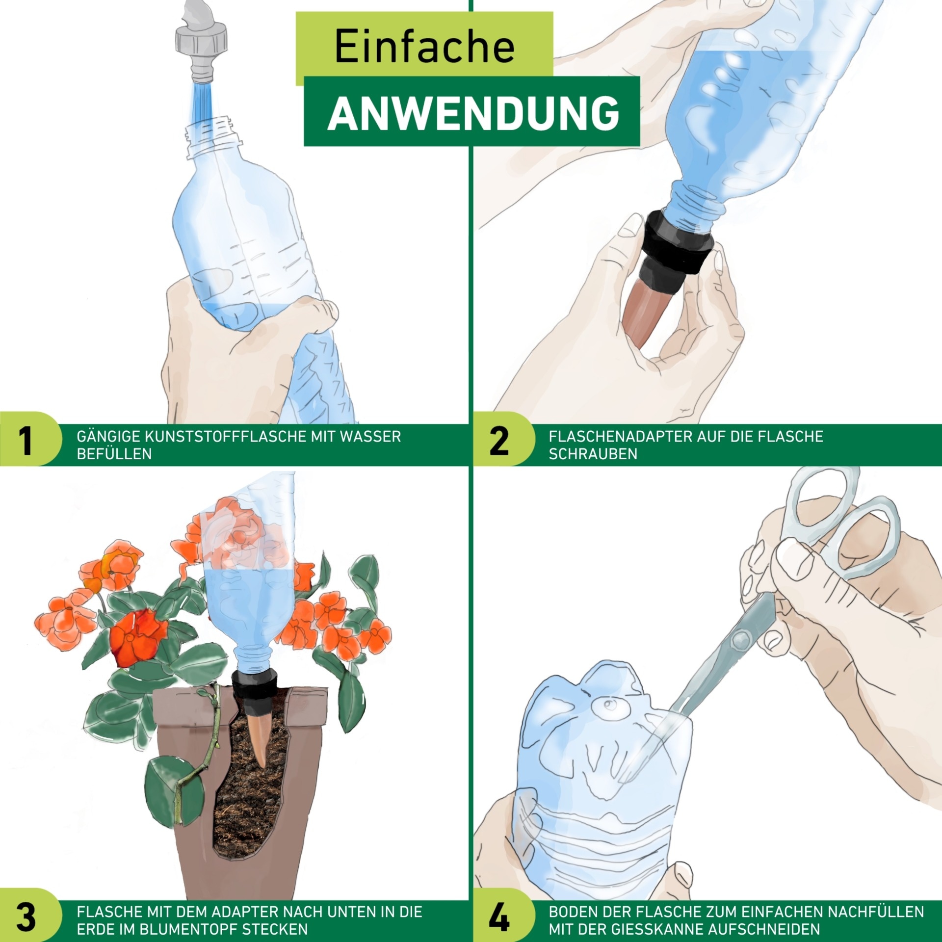 Windhager Bewässerungssystem »automatische Wasserspender Flaschen 3 Stk. für Zimmerpflanzen« (Packung, 3 Stk. tlg.)  Flaschenadapter Bewässerung, Abgabemenge ca. 200 ml/Tag, 4 x 11 cm