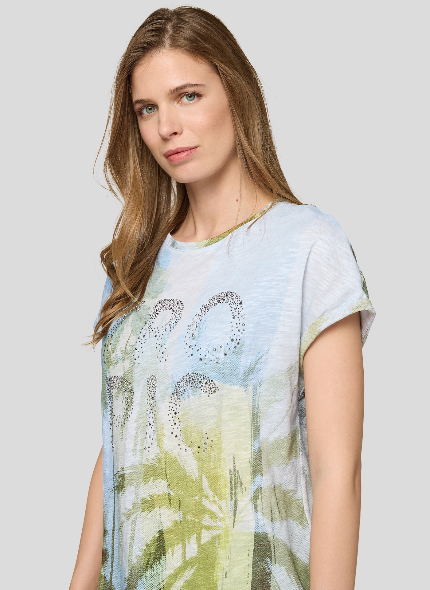 Rabe Kurzarmshirt mit floralem Motiv und Glitzersteinen