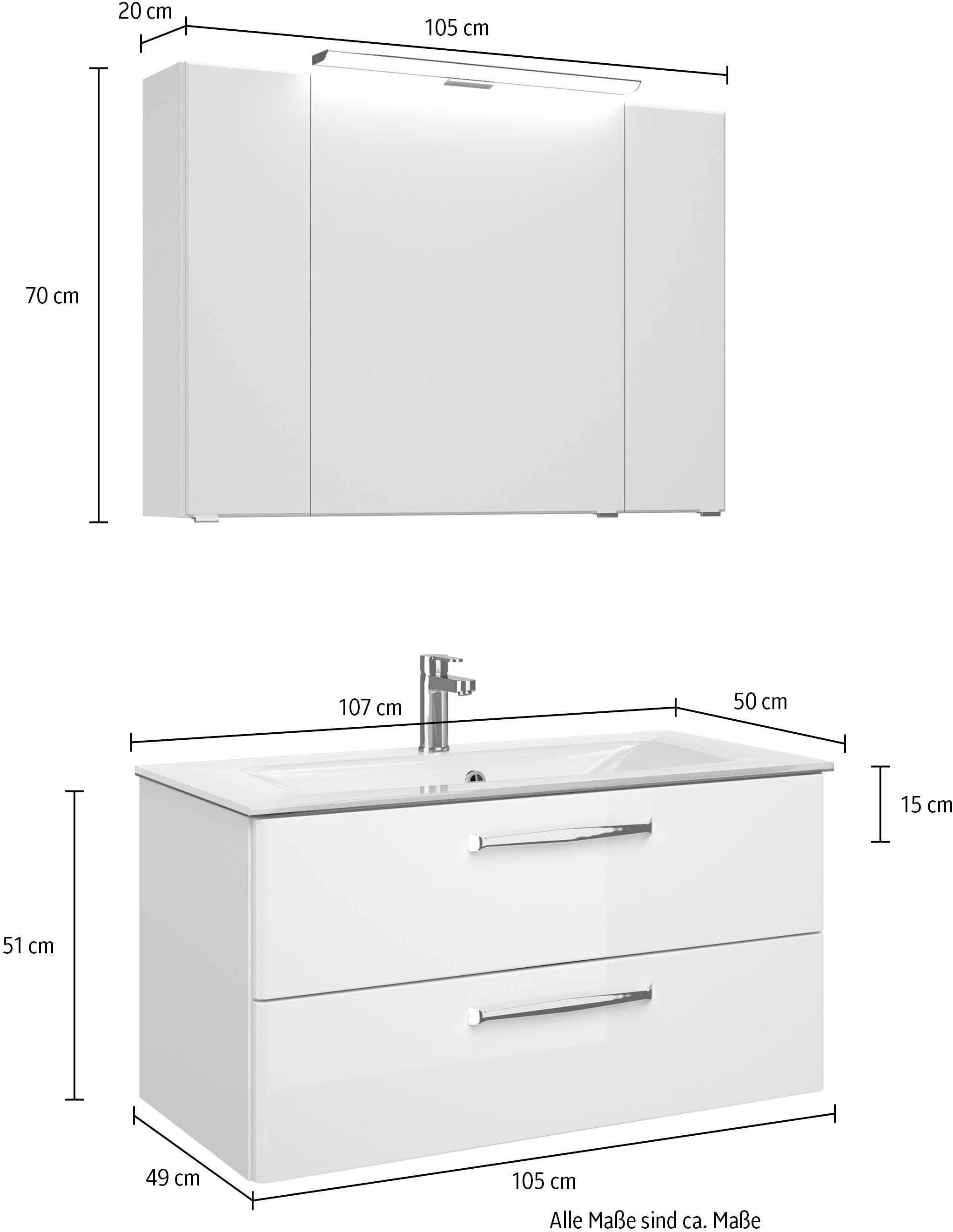 Saphir Badmöbel-Set »Trentino 2-teilig Glas-Waschtisch, Spiegelschrank mit LED-Leuchte«, (3 St.), Badmöbel-Set 107cm breit, inkl. Türdämpfer, 3 Türen, 2 Auszügen